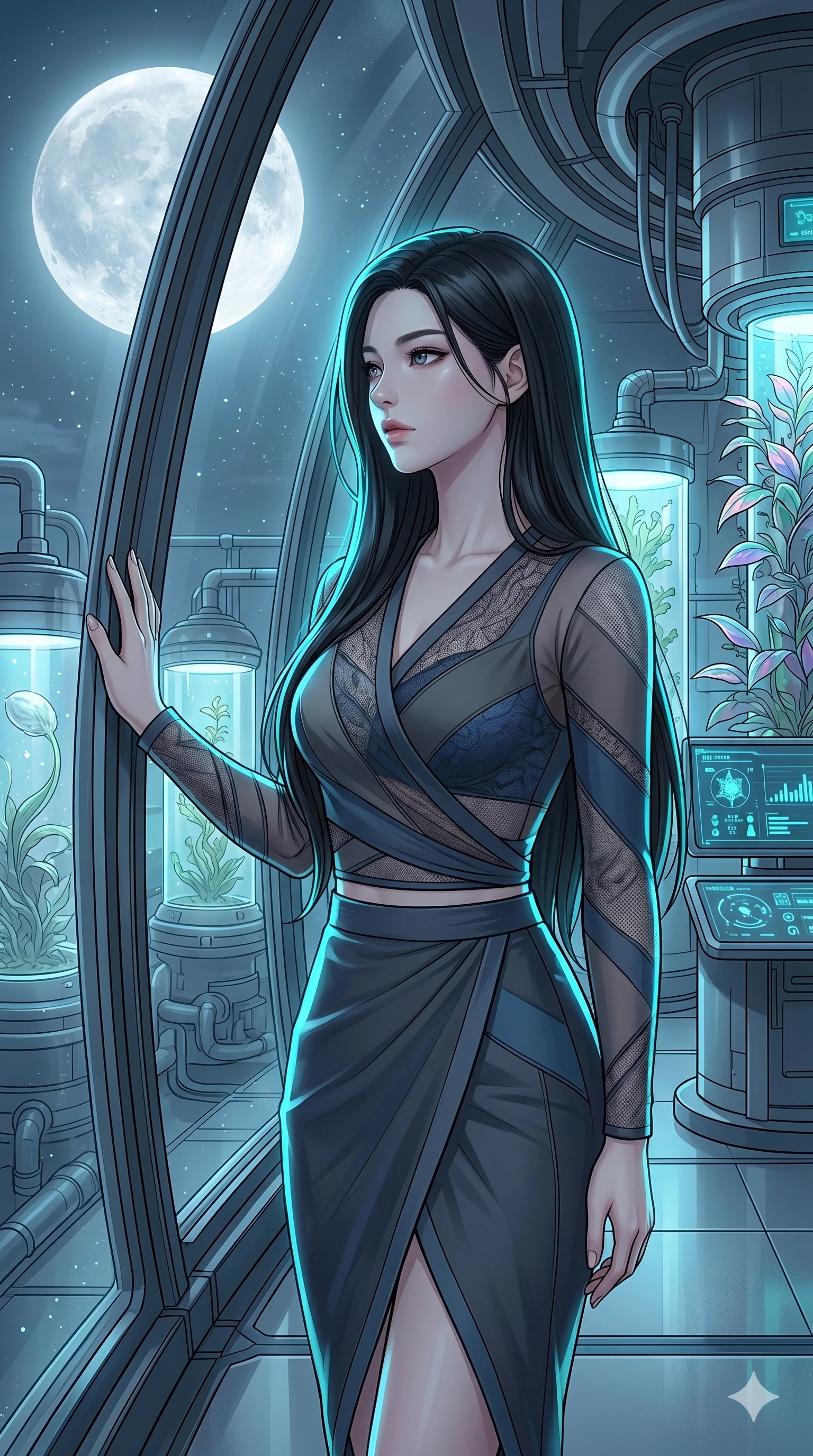 score_9, masterpiece, best quality, ultra-detailed, high-budget anime keyframe, Korean woman. Upper body close-up from the thighs up, character filling the screen for maximum presence. Inside a biotech garden observatory, looking at the moon, resting her hand on the window, looking at the moon with a serene look. She is wearing a high-fashion wrap top with sheer panels and a high-waisted skirt. The scene is bathed in the cool white light of the moon and a cyan rim light. 2k, ultra detail, master piece, 9:16 ratio