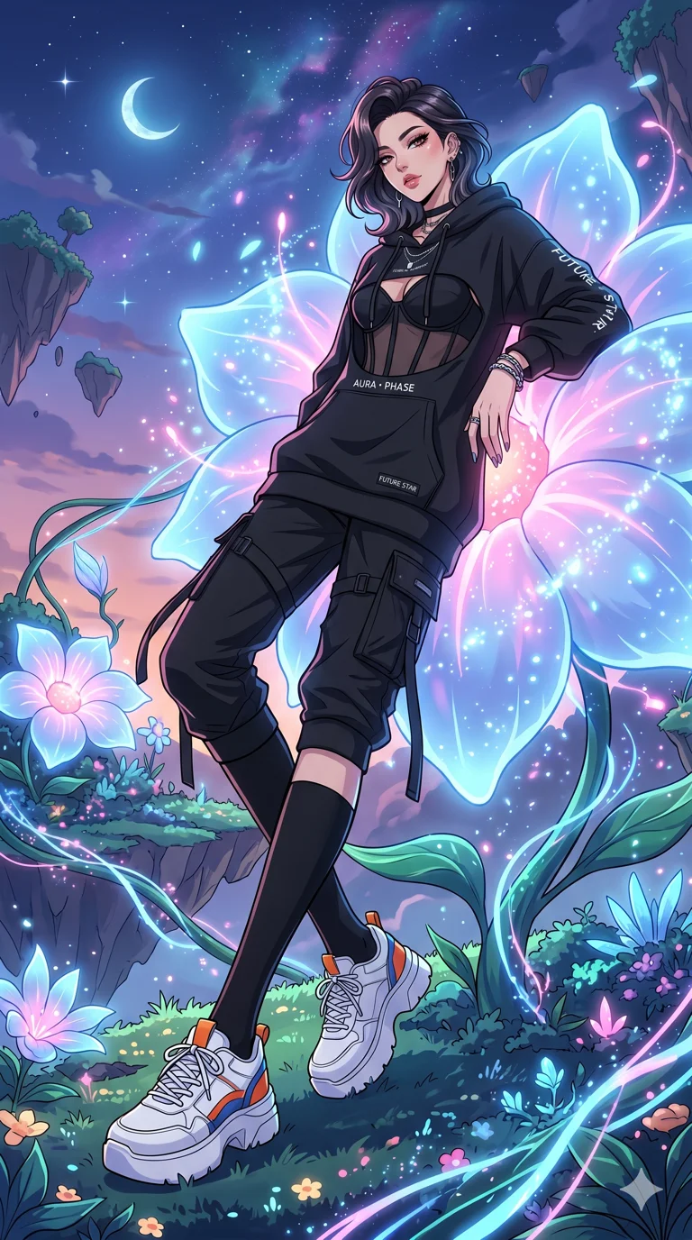 score_9, masterpiece, best quality, ultra-detailed, High-budget Anime Keyframe, vibrant colors, fluid line-art, expressive lighting, cinematic composition, Ufotable-style visual effects, top-tier animation quality, Korean woman with idol-like refined features. Dynamic full-body shot stretching the vertical silhouette, capturing her from a powerful low-angle perspective. Resting against a giant glowing flower that emits a soft, pulse-like light. She has an absolutely perfect 8-heads proportion, an exceptionally tall and slender female figure with impossibly long slender legs and an ultra-slim waist, her statuesque height and towering silhouette dominating the vertical 9:16 frame. Her face is a masterpiece featuring a sharp v-shaped jawline, high-bridge nose, intricate jewel-like eyes with depth, thick eyelashes, and glossy lips with a natural sheen. She is wearing a Oversized designer hoodie worn as a dress, paired with technical cargo joggers, a sheer corset top, and platform sneakers with knee-high socks.. The scene is set in a floating island covered in giant glowing flowers and vines of pure energy. 2k, ultra detail, master piece, 9:16 ratio