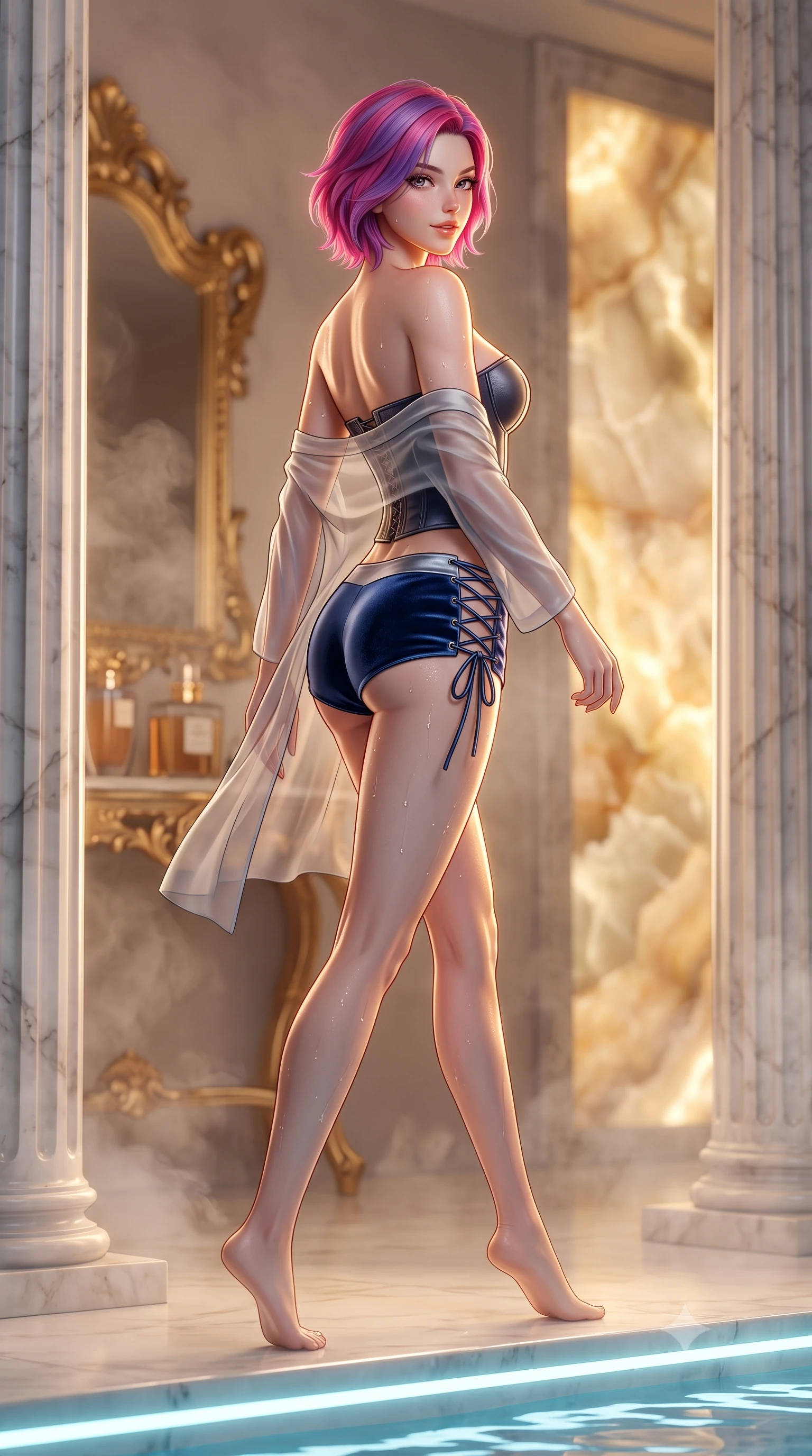 score_9, masterpiece, best quality, ultra-detailed, high-budget anime keyframe, semi-realistic 3D game render, editorial fashion photography, tasteful artistic composition, Caucasian woman. low angle full-body shot from head to toe showing her feet, filling the entire 9:16 vertical frame with her statuesque presence, stretching her vertical silhouette. walking along the illuminated pool edge with water droplets glinting on her skin, looking back over her bare shoulder with an irresistible smoldering bedroom-gaze while standing poised between twin marble columns with hips cocked back, a sheer silk robe slipping off bare shoulders as warm steam drifts through the suite. The background shows a soft-focus ornate gilded baroque mirror frames, luxury perfume flacons, and backlit onyx wall panels blurred into honey, champagne, and smoky bronze bokeh. She has an absolutely perfect, statuesque 8.5-heads proportion, an exceptionally tall and slender model-like female figure with impossibly long slender legs, an ultra-slim waist, a flat toned midriff, narrow delicate ribcage, and beautifully sculpted feminine hips creating a graceful, slim hourglass silhouette without any bulky heaviness. sharp v-shaped jawline, high-bridge nose, sparkling eyes with hypnotic seductive depth, thick curled eyelashes, glossy parted lips with a natural dewy peach sheen, alluring bedroom-eyes with an enchanting coquettish smile, exuding magnetic siren charisma and sophisticated high-fashion glamour, flawlessly proportioned anatomical accuracy, strict slender model proportions, natural body alignment, perfectly sculpted long slender limbs, ultra-slim waistline, clean dynamic posture without body distortion. wearing a strapless boned leatherette corset paired with low-waisted tailored satin hot-pants in molten liquid silver and deep sapphire navy, tailored from ultra-plush velvet with rich tactile depth and deep shadow gradients, featuring fine criss-cross lace-up side ties revealing tantalizing glimpses of her hip curve, the high-slit wrap tailoring accentuating her ultra-slim waistline and the enchanting curve of her feminine hips with alluring seductive charm. illuminated by mirror specular bounce and sharp warm-gold rim lights defining her razor-sharp jawline, ultra-slim waist, and curvy hips. highly saturated vibrant anime colors, detailed shading with soft gradients, rich glossy textures, high-contrast stereoscopic depth, volumetric dynamic lighting, master piece, 9:16 ratio