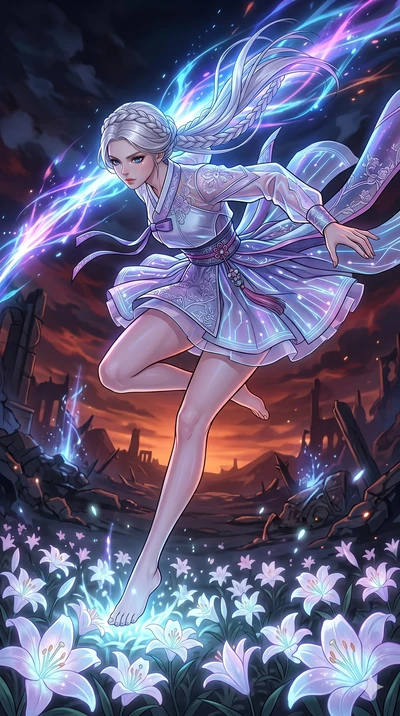 score_9, masterpiece, best quality, ultra-detailed, high-budget anime movie keyframe, cinematic anime lighting, intricate line art, Korean anime girl. Mid-air action shot capturing a graceful twist and vertical silhouette. collapsing onto a bed of gl