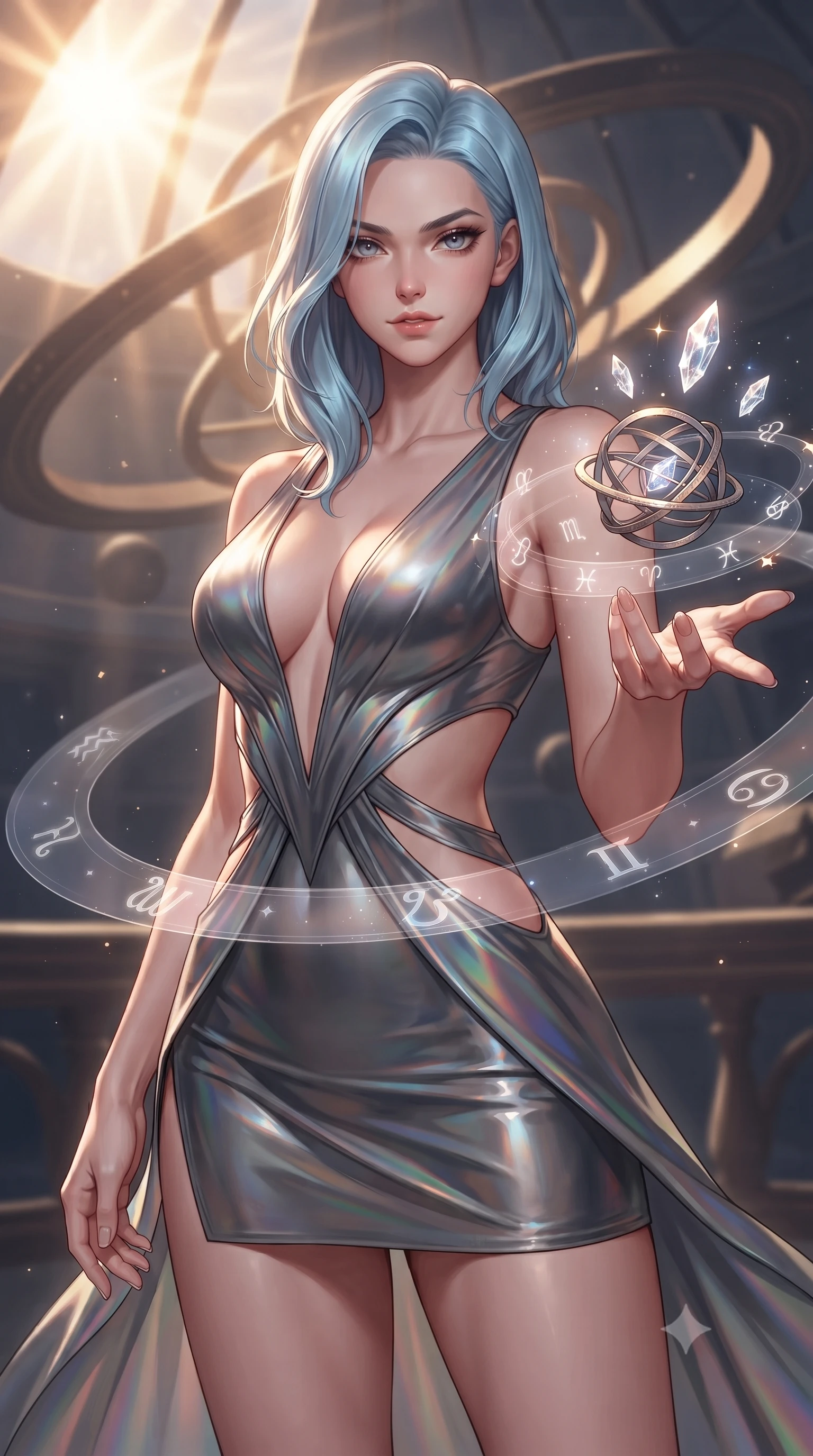 score_9, masterpiece, best quality, ultra-detailed, high-budget anime keyframe, editorial fashion photography, tasteful artistic composition, Korean woman. close-up cowboy shot from the waist and thighs up, the character dominates the composition, filling the frame with her large presence, background elements kept in soft focus. Reaching one hand gracefully toward the viewer with effortless superiority and allure surrounded by floating armillary spheres and glowing starlight crystals, translucent zodiac glyphs orbiting around her delicate hands. She has an exceptionally elegant, slender, and willowy female figure with an ultra-slim waist, a gracefully sculpted slender torso, and a refined silhouette. sharp v-shaped jawline, high-bridge nose, intricate jewel-like eyes with depth, thick eyelashes, glossy lips with a natural sheen. wearing a liquid mercury gloss mini dress with ultra-deep V-neck and waist cutouts in charcoal grey and platinum, crafted from iridescent chiffon that shifts colors in the light, featuring clean architectural cutouts along her slender torso, the tailored fabric tightly following every curve of her athletic build. bathed in warm sunbursts filtering through floating orbital rings. ultra-reflective glossy finish, specular highlights, metallic sheen, high-contrast stereoscopic depth, volumetric dynamic lighting, 2k, ultra detail, master piece, 9:16 ratio