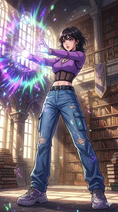 score_9, masterpiece, best quality, ultra-detailed, High-budget Anime Keyframe, beautiful Korean anime girl. Low angle cowboy shot filling the entire 9:16 frame with her overwhelming presence. Casting a powerful energy spell that creates a shockwave 