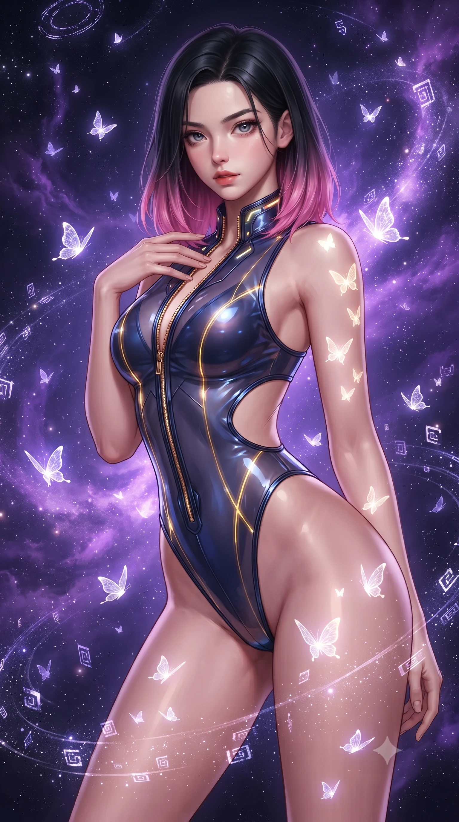 score_9, masterpiece, best quality, ultra-detailed, high-budget anime keyframe, editorial fashion photography, tasteful artistic composition, Korean woman. close-up cowboy shot from the waist and thighs up, the character dominates the composition, filling the frame with her large presence. leaning forward with a dangerous, enticing smolder, resting one hand near her collarbone while casting a fiery, magnetic direct gaze while arching her back gracefully in a sea of violet nebula gas while luminous butterflies illuminate her skin. The surrounding environment is rendered in vivid detail and crisp panoramic clarity. crisp stardust rings, floating holographic glyphs, and celestial depth captured in high resolution. She has an exceptionally elegant, slender, and willowy female figure with an ultra-slim waist, a gracefully sculpted slender torso, and a refined silhouette. sharp v-shaped jawline, high-bridge nose, intricate jewel-like eyes with depth, thick eyelashes, glossy lips with a natural sheen, flawlessly proportioned anatomical accuracy, natural body alignment, perfectly sculpted elegant limbs, clean dynamic posture without body distortion. wearing a high-cut translucent vinyl leotard with front paneling, exposed side-rib cutouts, and an open back in midnight sapphire blue and glowing gold filaments, crafted from ultra-reflective second-skin latex with a glass-like polish, featuring a dangerously unzipped neckline framed by glowing cybernetic accents, the daring cutouts accentuating her delicate midriff, graceful collarbones, and feminine contour. surrounded by an enchanting, weightless, and dreamily sensual cosmic atmosphere. ultra-reflective glossy finish, specular highlights, metallic sheen, high-contrast stereoscopic depth, volumetric dynamic lighting, 2k, ultra detail, master piece, 9:16 ratio