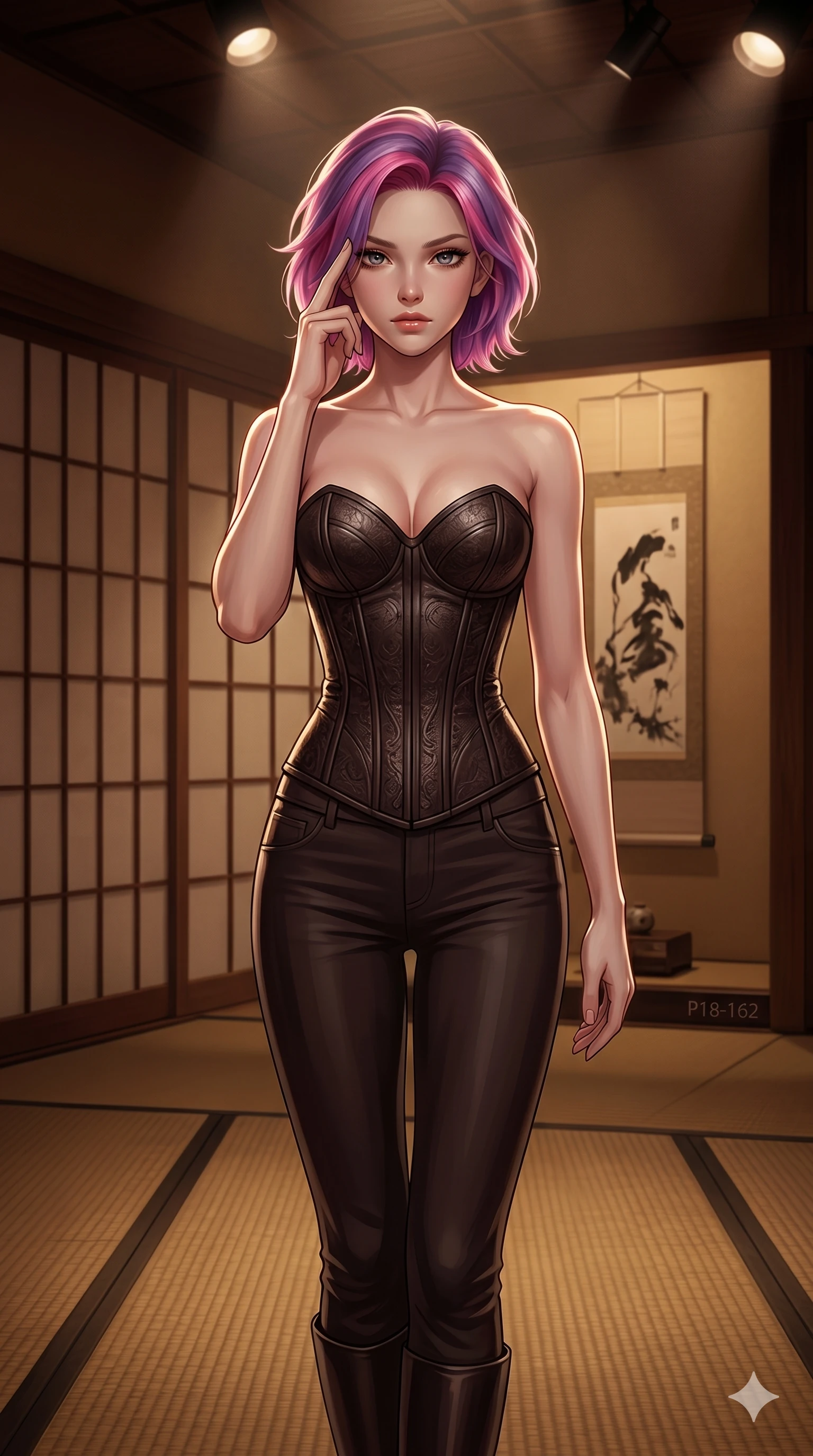 score_9, masterpiece, best quality, ultra-detailed, high-budget anime keyframe, editorial fashion photography, tasteful artistic composition, Caucasian woman, strictly human ears. cowboy shot from the thighs up, character and outfit filling the frame for maximum editorial presence. pressing two fingers to her temple in a composed gesture in a traditional Japanese tatami tea room with sliding paper screens (Code-P18-162). She has an absolutely perfect 8-heads proportion, an exceptionally tall and slender female figure with impossibly long slender legs and an ultra-slim waist. V-shaped jawline, high-bridge nose, intricate jewel-like eyes with depth, thick eyelashes, glossy lips with a natural sheen. wearing a leather corset with sweetheart neckline revealing her cleavage. dramatic theater spotlights from above, outlining her tall slender figure and waist. 2k, ultra detail, master piece, 9:16 ratio