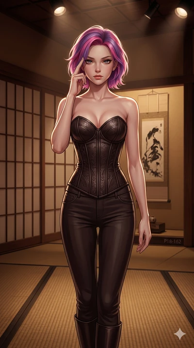score_9, masterpiece, best quality, ultra-detailed, high-budget anime keyframe, editorial fashion photography, tasteful artistic composition, Caucasian woman, strictly human ears. cowboy shot from the thighs up, character and outfit filling the frame