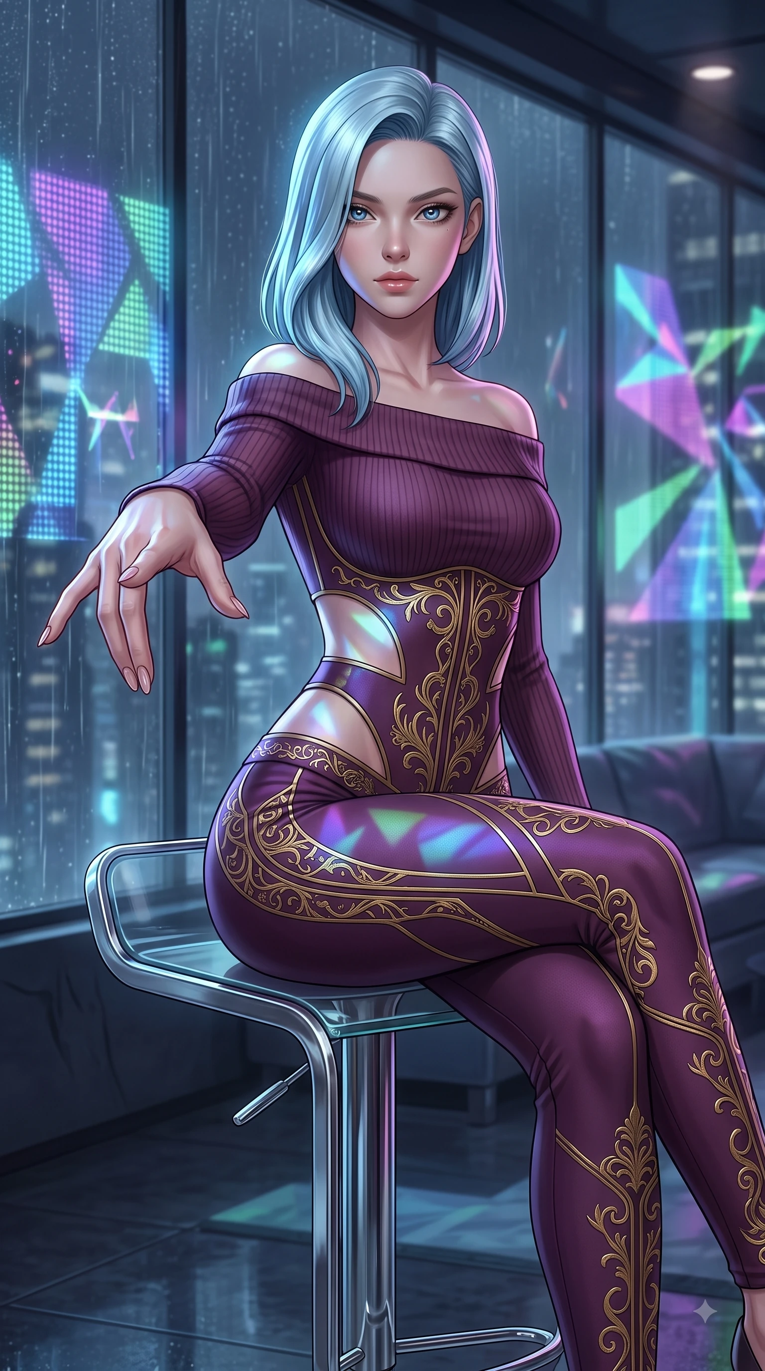 score_9, masterpiece, best quality, ultra-detailed, high-budget anime keyframe, editorial fashion photography, tasteful artistic composition, Korean woman. close-up cowboy shot from the waist and thighs up, the character dominates the composition, filling the frame with her large presence, background elements kept in soft focus. Reaching one arm gracefully toward the camera with magnetic poise, displaying her statuesque silhouette while perched on a sleek chrome barstool in a futuristic sky-lounge overlooking rain-slicked city streets, holographic advertisements casting dynamic geometric light patterns on her form. She has an exceptionally elegant, slender, and willowy female figure with an ultra-slim waist, a gracefully sculpted slender torso, and a refined silhouette. sharp v-shaped jawline, high-bridge nose, intricate jewel-like eyes with depth, thick eyelashes, glossy lips with a natural sheen, flawlessly proportioned anatomical accuracy, natural body alignment, perfectly sculpted elegant limbs, clean dynamic posture without body distortion. wearing a sleek off-shoulder ribbed knit top paired with high-waist tailored pants in plum purple and gold filigree, formed from sleek second-skin neoprene, featuring clean architectural cutouts along her slender torso, the tailored fabric tightly following every curve of her athletic build. surrounded by a high-energy, seductive cyberpunk nightlife ambiance. ultra-reflective glossy finish, specular highlights, metallic sheen, high-contrast stereoscopic depth, volumetric dynamic lighting, 2k, ultra detail, master piece, 9:16 ratio
