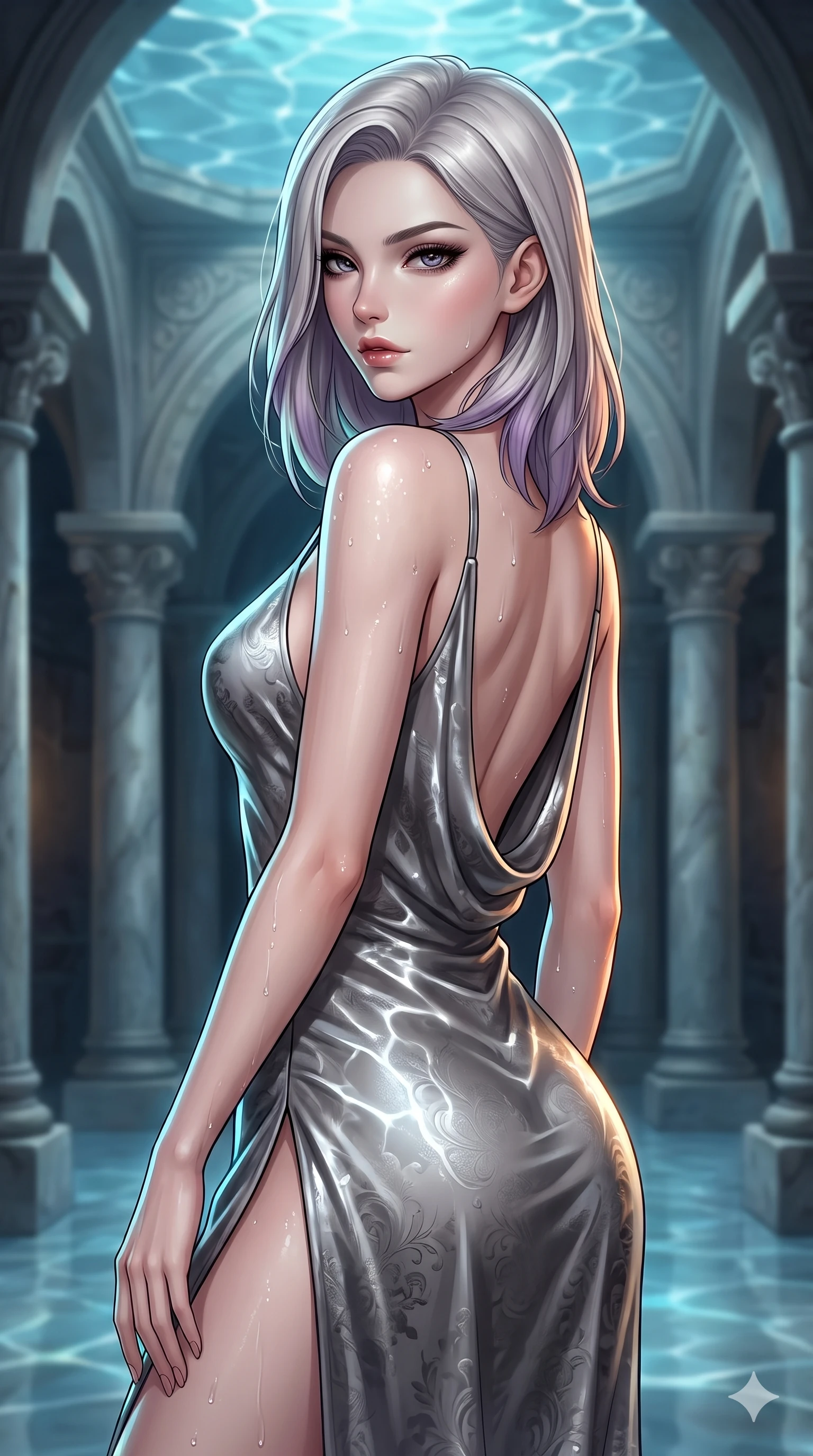 score_9, masterpiece, best quality, ultra-detailed, high-budget anime keyframe, semi-realistic 3D game render, editorial fashion photography, tasteful artistic composition, Caucasian woman. close-up cowboy shot from the waist and thighs up, the character dominates the composition, filling the frame with her large presence. posing in an alluring rear three-quarter angle, turning over a bare shoulder with an intoxicating, smoldering gaze while twisting her slender torso in an alluring contrapposto stance, shimmering water refractions from the ceiling pool dancing across her flat midriff and hips. The background shows a soft-focus subterranean palace atrium softened in aquatic architecture shallow focus. She has an exceptionally elegant, slender, and willowy female figure with an ultra-slim waist, flat toned midriff, narrow ribcage, and sculpted feminine hips creating an alluring, slim hourglass silhouette without bulk. sharp v-shaped jawline, high-bridge nose, intricate jewel-like dark sparkling eyes with hypnotic seductive depth, thick curled eyelashes, glossy parted lips with a natural wine sheen, alluring bedroom-eyes with an enigmatic smoldering smile, exuding magnetic sovereign charisma and dark avant-garde glamour, flawlessly proportioned anatomical accuracy, strict slender model proportions, natural body alignment, perfectly sculpted long slender limbs, ultra-slim waistline, clean dynamic posture without body distortion. wearing a form-contouring gossamer silk chiffon slip dress with hip-high slit and open cowl back clinging with mist in liquid mercury chrome and smoky quartz, tailored from rich silk jacquard with subtle embossed baroque patterns, finished with glistening moisture droplets beading across her sculpted shoulders and flat midriff, the high-slit wrap tailoring accentuating her ultra-slim waistline and the enchanting curve of her feminine hips with alluring seductive charm. illuminated by polished floor bounce and sharp cyan-amber rim lights defining her razor-sharp jawline, narrow waist, and curvy hips. highly saturated vibrant anime colors, detailed shading with soft gradients, rich glossy textures, high-contrast stereoscopic depth, volumetric dynamic lighting, master piece, 9:16 ratio