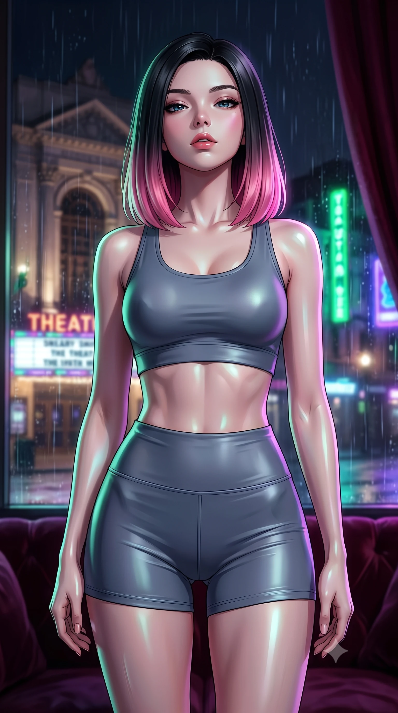 score_9, masterpiece, best quality, ultra-detailed, high-budget anime keyframe, editorial fashion photography, tasteful artistic composition, Korean woman. close-up cowboy shot from the waist and thighs up, the character dominates the composition, filling the frame with her large presence, background elements kept in soft focus. tilting her chin up slightly with lips parted in a composed, provocative expression the background shows a soft-focus a velvet-trimmed VIP suite overlooking a historic theater facade in the rain. She has an exceptionally elegant, slender, and willowy female figure with an ultra-slim waist, a gracefully sculpted slender torso, and a refined silhouette. sharp v-shaped jawline, high-bridge nose, intricate jewel-like eyes with depth, thick eyelashes, glossy lips with a natural sheen. wearing a form-contouring body-hugging athletic crop top and high-waisted shorts set in slate grey. vibrant street neon lights reflecting off the wet windows onto her form. ultra-reflective glossy finish, specular highlights, metallic sheen, high-contrast stereoscopic depth, volumetric dynamic lighting, 2k, ultra detail, master piece, 9:16 ratio