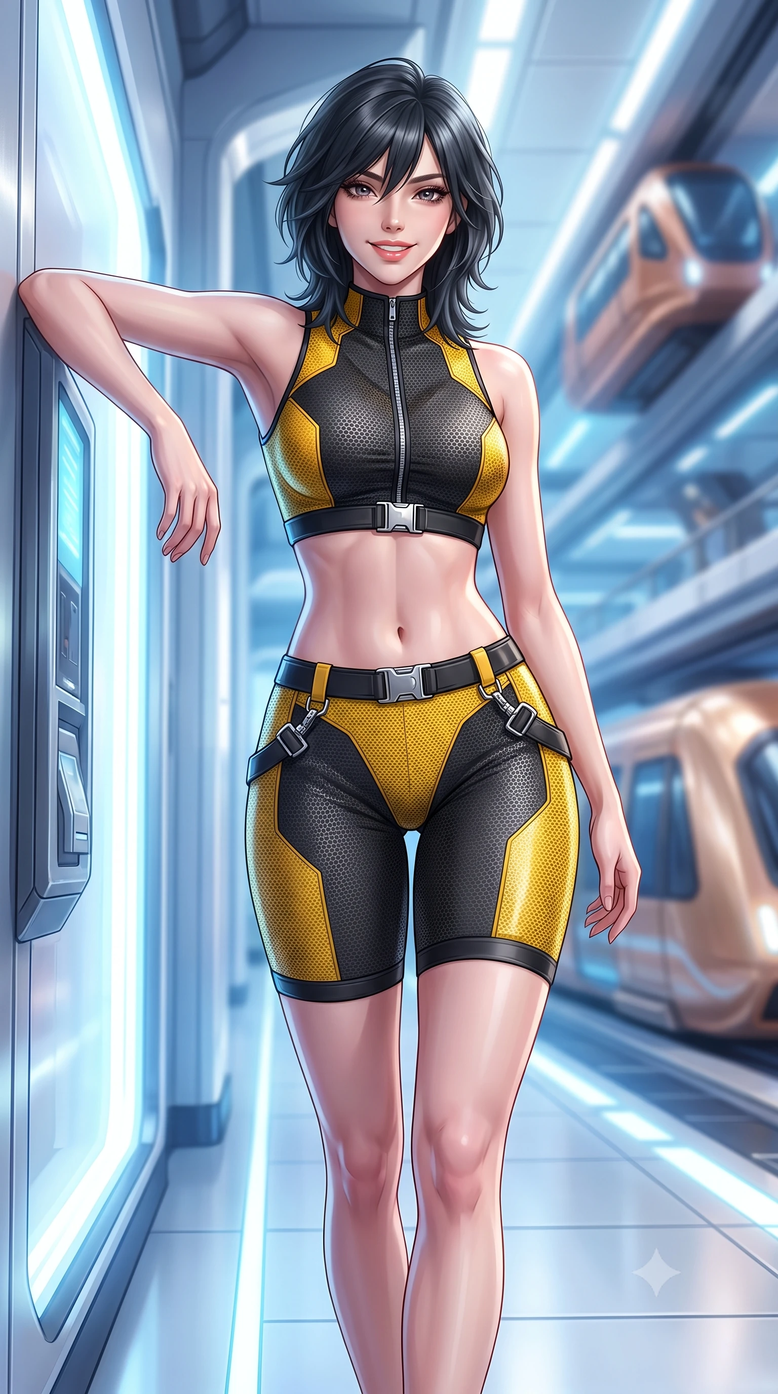 score_9, masterpiece, best quality, ultra-detailed, high-budget anime keyframe, semi-realistic 3D game render, editorial fashion photography, tasteful artistic composition, Caucasian woman. close-up cowboy shot from the waist and thighs up, the character dominates the composition, filling the frame with her large presence. leaning back against the glowing maintenance bulkhead with relaxed seductive grace, her flat midriff and narrow waist highlighted as laser ambient light traces her curves while walking dynamically down the illuminated concourse with sovereign grace, her long slender legs and hourglass curves commanding the frame. The background shows a soft-focus multi-tiered magnetic rail tracks and soaring aerodynamic transit pods blurred into electric blue, copper, and champagne bokeh. She has an exceptionally elegant, slender, and willowy female figure with an ultra-slim waist, flat toned midriff, narrow ribcage, and sculpted feminine hips creating an alluring, slim hourglass silhouette without bulk. sharp v-shaped jawline, high-bridge nose, intricate jewel-like sparkling eyes with depth, thick eyelashes, glossy parted lips with a natural sheen, bright confident smile with an enchanting and coquettish sensual glint, exuding both youthful magnetic charm and sovereign high-tech allure, flawlessly proportioned anatomical accuracy, strict slender model proportions, natural body alignment, perfectly sculpted long slender limbs, ultra-slim waistline, clean dynamic posture without body distortion. wearing a sleek two-piece combat athletic set with a zip-front mock-neck crop top and contouring biker shorts hugging her curvy hips in industrial hazard yellow and matte carbon black, woven from delicate semi-opaque high-tensile nano-mesh with intricate hexagonal micro-patterns, finished with polished chrome buckle hardware and modular magnetic holster clasps, the form-contouring cut accentuating her sculpted flat midriff, narrow delicate ribcage, and gracefully curvy hips with cybernetic supermodel precision. bathed in bright architectural white and soft electric blue transit terminal ambient fill. highly saturated vibrant anime colors, detailed shading with soft gradients, rich glossy textures, high-contrast stereoscopic depth, volumetric dynamic lighting, master piece, 9:16 ratio