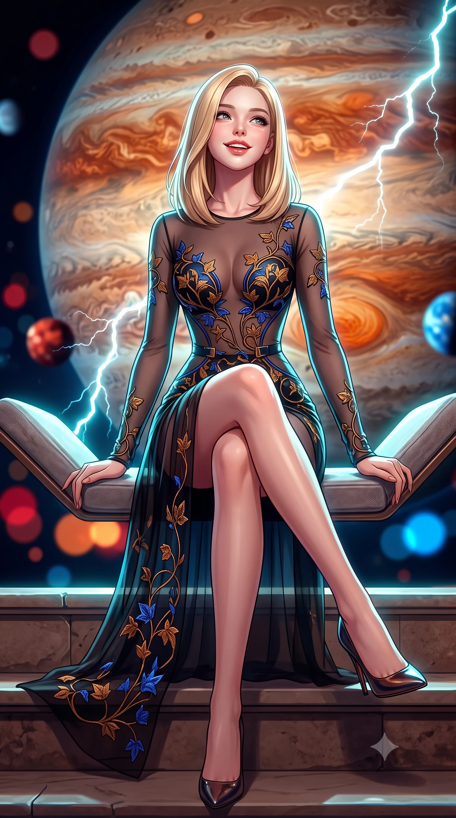 score_9, masterpiece, best quality, ultra-detailed, high-budget anime keyframe, semi-realistic 3D game render, editorial fashion photography, tasteful artistic composition, Korean woman. low angle full-body shot from head to toe showing her feet, filling the entire 9:16 vertical frame with her statuesque presence, stretching her vertical silhouette. sitting poised on the stone steps with one knee bent, arching her spine with supermodel elegance as she glances upward through thick eyelashes while sitting gracefully on the floating antigravity lounge with legs crossed, flashing a radiant, playful smile with parted glossy lips. The background shows a soft-focus churning amber and terracotta cloud bands of Jupiter, crackling mega-lightning bolts, and distant orbital moons blurred into crimson, tangerine, and electric blue bokeh. She has an exceptionally tall and slender model-like 8.5-heads proportion, an ultra-slim waist, a flat toned midriff, narrow delicate ribcage, and beautifully sculpted feminine hips creating a graceful, slim hourglass silhouette without any bulky heaviness, with impossibly long slender legs. sharp v-shaped jawline, high-bridge nose, intricate jewel-like sparkling eyes with depth, thick eyelashes, glossy parted lips with a natural peach sheen, bright cheerful beaming smile with an enchanting and coquettish sensual glint, exuding both youthful cute charm and seductive allure, flawlessly proportioned anatomical accuracy, strict slender model proportions, natural body alignment, perfectly sculpted long slender limbs, ultra-slim waistline, clean dynamic posture without body distortion. wearing a provocative sheer noir illusion mesh cocktail dress with embroidered climbing metallic ivy contouring her curves in Jovian amber and electric storm cobalt, crafted from bespoke double-faced cashmere with an exceptionally soft tactile finish, finished with sleek magnetic buckle closures fluttering in the breeze, the glove-like clinging cut tightly following the natural contour of her hips and long slender legs with youthful 8.5-heads elegance. illuminated by deck reflection bounce and sharp cyan-white lightning rim lights defining her jawline, narrow waist, and curvy hips. highly saturated vibrant anime colors, detailed shading with soft gradients, rich glossy textures, high-contrast stereoscopic depth, volumetric dynamic lighting, master piece, 9:16 ratio