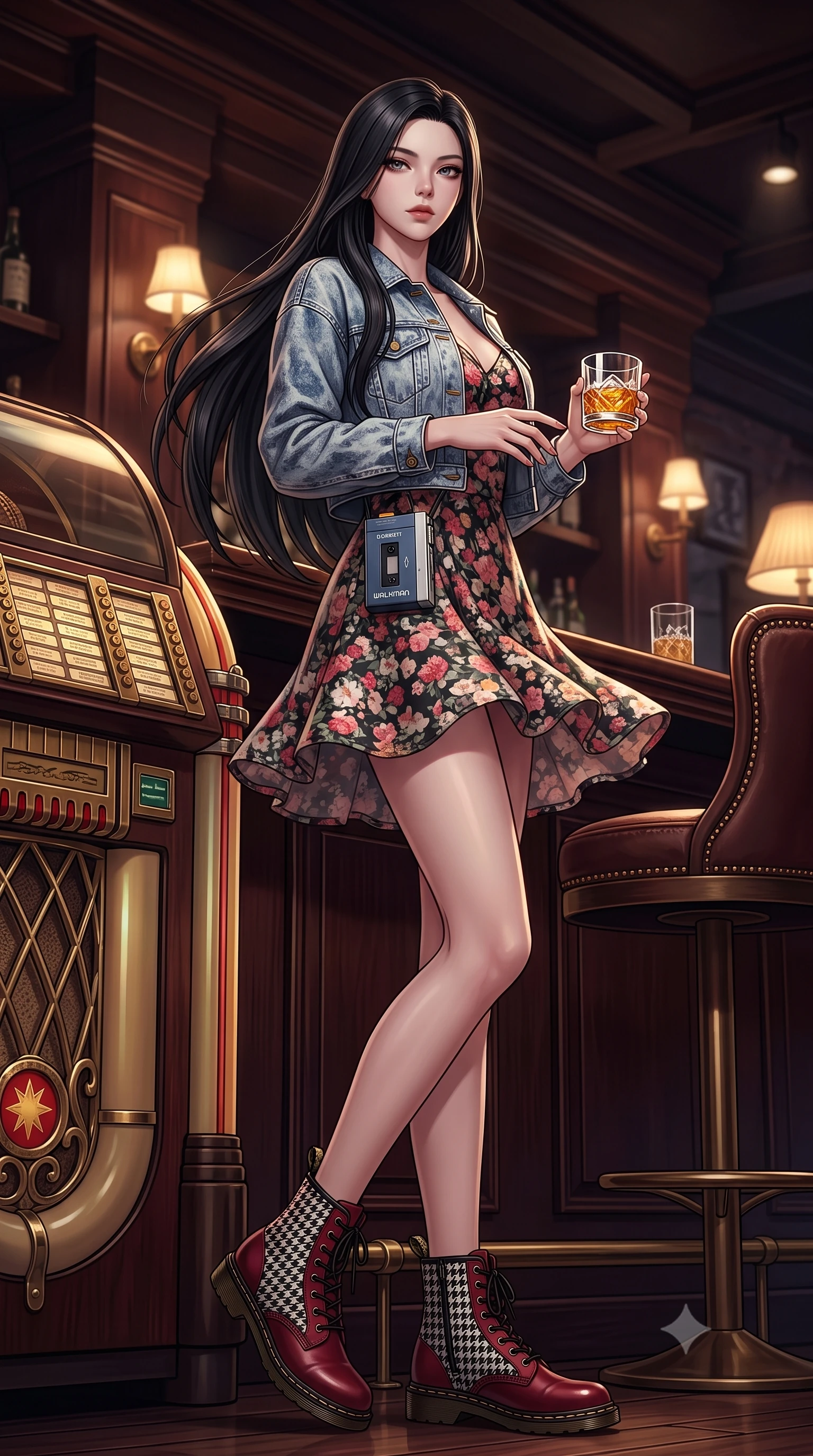 score_9, masterpiece, best quality, ultra-detailed, high-budget anime keyframe, semi-realistic 3D game render, editorial fashion photography, tasteful artistic composition, Korean woman. low angle full-body shot from head to toe showing her feet, filling the entire 9:16 vertical frame with her statuesque presence, stretching her vertical silhouette. executing an elegant mid-motion spin with effortless grace, her garments fluttering softly around her ultra-slim waistline while sitting at the dark mahogany bar counter of an intimate jazz lounge, holding an amber drink with relaxed, classy elegance. The surrounding environment is rendered in vivid detail and crisp panoramic clarity. detailed brass jukebox buttons, glass ice cube refractions, and leather stool stitching in high clarity. She has an absolutely perfect, statuesque 8.5-heads proportion, an exceptionally tall and slender model-like female figure with impossibly long slender legs, a toned flat midriff, and an ultra-slim waist. sharp v-shaped jawline, high-bridge nose, intricate jewel-like eyes with depth, thick eyelashes, glossy lips with a natural sheen, captivating and magnetic expression, flawlessly proportioned anatomical accuracy, strict slender model proportions, natural body alignment, perfectly sculpted long slender limbs, ultra-slim waistline, clean dynamic posture without body distortion. wearing a classic cropped acid-wash denim jacket paired with a floral print slip dress and combat boots in classic monochrome houndstooth and cherry red, tailored from fine British wool tweed and comfortable stretch cotton, accessorized with a vintage portable cassette Walkman clipped to her waistband, the precision-cut daring openings accentuating her delicate midriff, graceful bare collarbones, and ultra-slim feminine waistline. surrounded by a classy, soulful, and deeply romantic retro audiophile sweetheart aura. highly saturated vibrant anime colors, detailed shading with soft gradients, rich glossy textures, high-contrast stereoscopic depth, volumetric dynamic lighting, master piece, 9:16 ratio