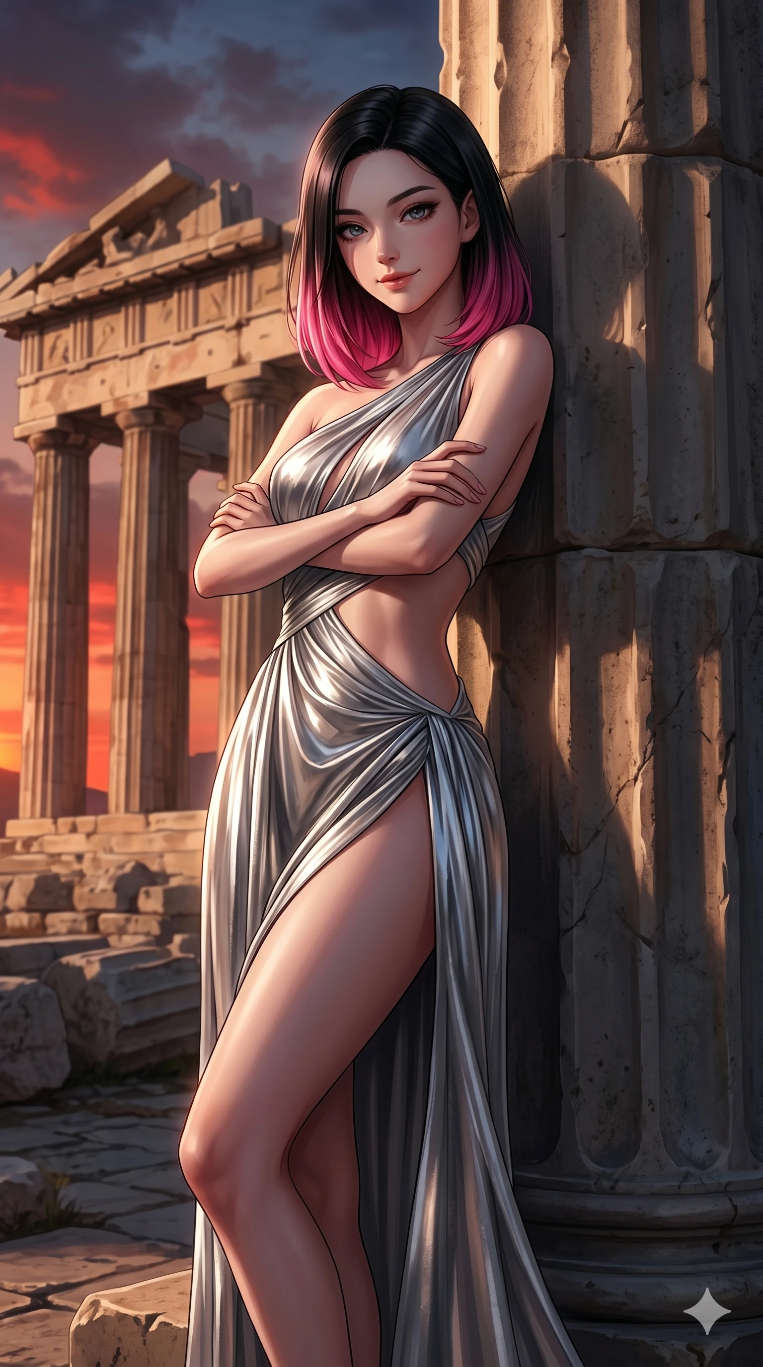 score_9, masterpiece, best quality, ultra-detailed, high-budget anime keyframe, editorial fashion photography, tasteful artistic composition, Korean woman. cowboy shot from the thighs up, character and outfit filling the frame for maximum editorial presence. crossing her arms and leaning back, casting a cool, bedroom-eyes smile at the camera leaning against a stone pillar of a ruined classical temple (Code-P16-022). She has an absolutely perfect 8-heads proportion, an exceptionally tall and slender female figure with impossibly long slender legs and an ultra-slim waist. V-shaped jawline, high-bridge nose, intricate jewel-like eyes with depth, thick eyelashes, glossy lips with a natural sheen. wearing a draped silver metallic chiffon gown with a dramatic open-waist cutout and high side slit. dramatic chiaroscuro lighting from the setting red sun, accentuating her statuesque silhouette. 2k, ultra detail, master piece, 9:16 ratio