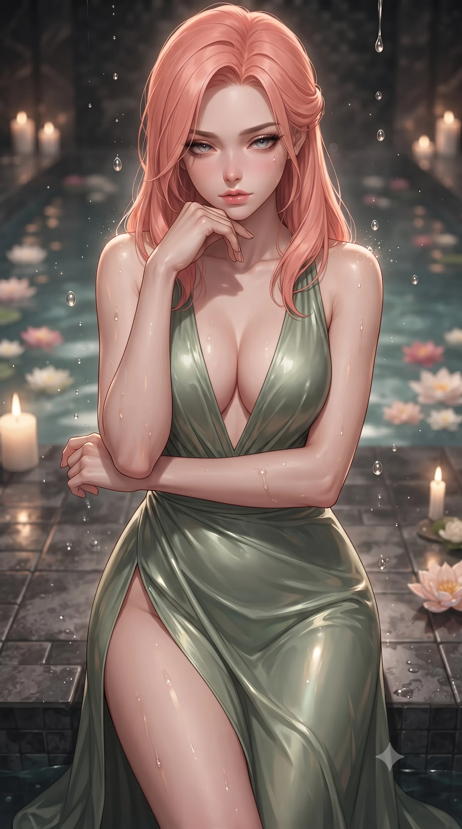 score_9, masterpiece, best quality, ultra-detailed, high-budget anime keyframe, editorial fashion photography, tasteful artistic composition, Japanese woman woman. close-up cowboy shot from the waist and thighs up, the character dominates the composition, filling the frame with her large presence, background elements kept in soft focus. resting her chin on the backs of her fingers, casting a heavy-lidded, sultry look past the camera the background shows a soft-focus a private indoor spa pool with dark tiled floors and floating flower blossoms. She has an exceptionally elegant, slender, and willowy female figure with an ultra-slim waist, a gracefully sculpted slender torso, and a refined silhouette. sharp v-shaped jawline, high-bridge nose, intricate jewel-like eyes with depth, thick eyelashes, glossy lips with a natural sheen. wearing a form-contouring deep plunging-V neck maxi dress in sage green chiffon, featuring a high side slit ascending to mid-thigh. soft flickering candle glow refracting through the moving water droplets. ultra-reflective glossy finish, specular highlights, metallic sheen, high-contrast stereoscopic depth, volumetric dynamic lighting, 2k, ultra detail, master piece, 9:16 ratio