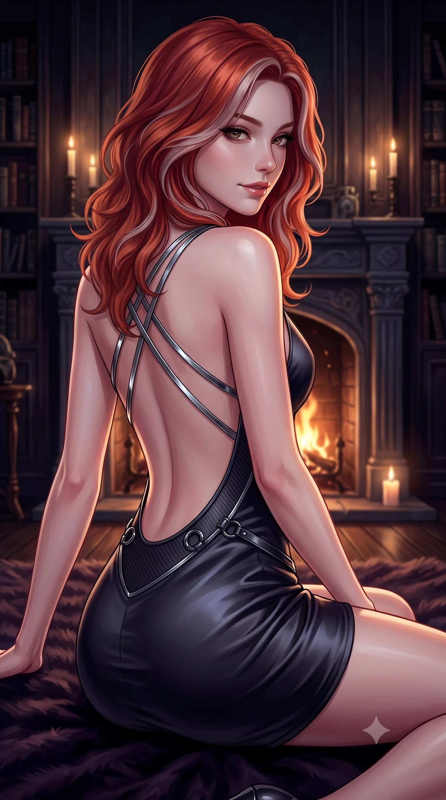 score_9, masterpiece, best quality, ultra-detailed, high-budget anime keyframe, editorial fashion photography, tasteful artistic composition, Caucasian woman. close-up cowboy shot from the waist and thighs up, the character dominates the composition, filling the frame with her large presence, background elements kept in soft focus. Glancing sidelong over her shoulder with a smoldering, enigmatic half-smile, resting on a plush dark velvet rug before a roaring stone fireplace in a gothic library, cozy yet intensely sensual gothic atmosphere. She has an exceptionally elegant, slender, and willowy female figure with an ultra-slim waist, a gracefully sculpted slender torso, and a refined silhouette. sharp v-shaped jawline, high-bridge nose, intricate jewel-like eyes with depth, thick eyelashes, glossy lips with a natural sheen. wearing dramatically scooped backless dark satin mini dress with criss-cross chrome straps in dark mahogany, made of matte carbon-fiber weave, trimmed with dark chrome ring hardware along the waist contours, accentuating her gracefully sculpted slender torso. lit by low-key flickering candle rays contrasting with room darkness. highly saturated vibrant anime colors, detailed shading with soft gradients, rich glossy textures, high-contrast stereoscopic depth, volumetric dynamic lighting, master piece, 9:16 ratio