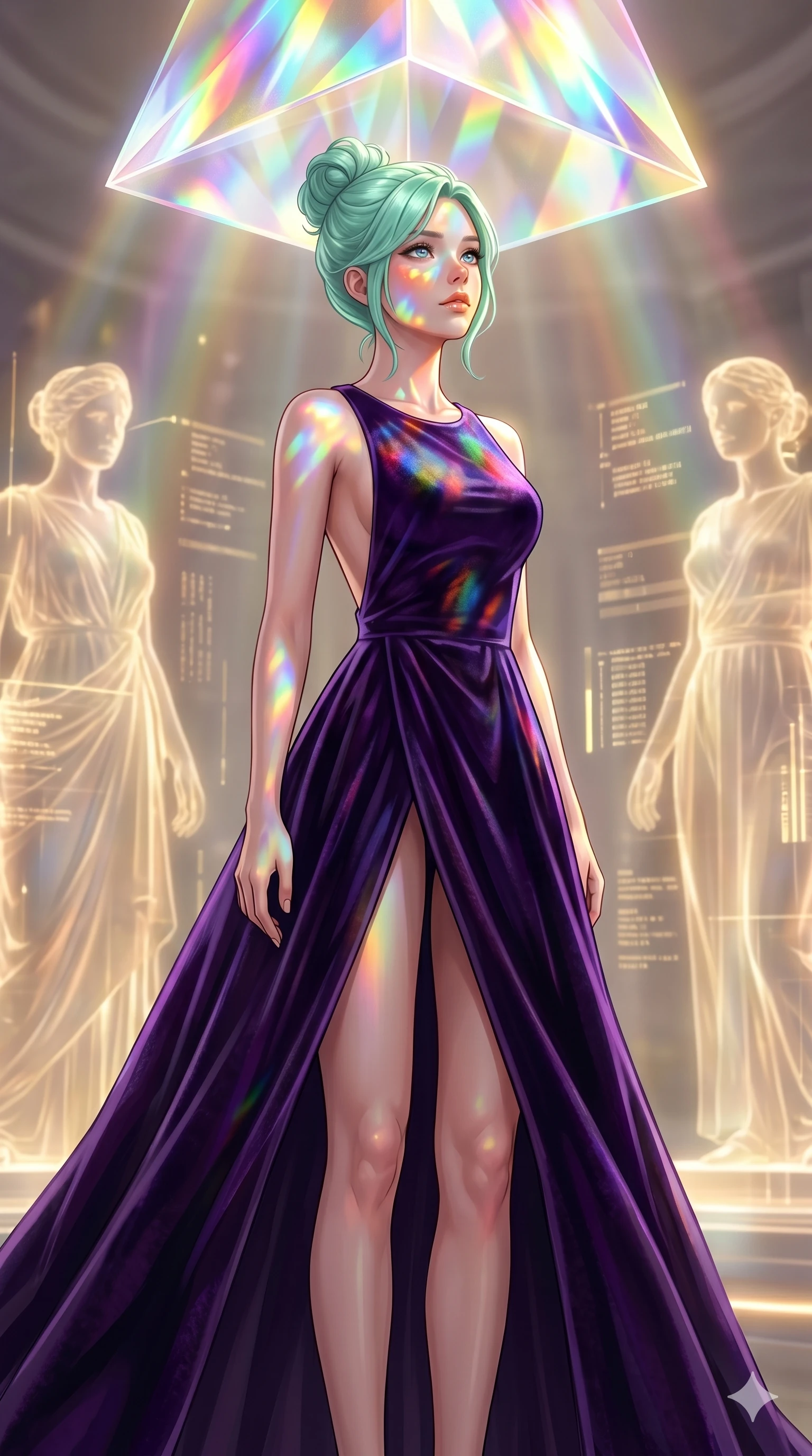 score_9, masterpiece, best quality, ultra-detailed, high-budget anime keyframe, editorial fashion photography, tasteful artistic composition, Japanese woman. cowboy shot from the thighs up, character and outfit filling the frame for maximum editorial presence. Glancing upward with a thoughtful, dreamy expression, the light catching her glossy lips within a digital sanctuary where holographic statues cast soft golden lighting. She has an absolutely perfect 8-heads proportion, an exceptionally tall and slender female figure with impossibly long slender legs and an ultra-slim waist. V-shaped jawline, high-bridge nose, intricate jewel-like eyes with depth, thick eyelashes, glossy lips with a natural sheen. wearing a dark violet velvet evening gown with a dramatically open back and a high front slit revealing long legs. illuminated by refracted rainbow light from a crystal prism overhead, coloring her face and outfit. 2k, ultra detail, master piece, 9:16 ratio