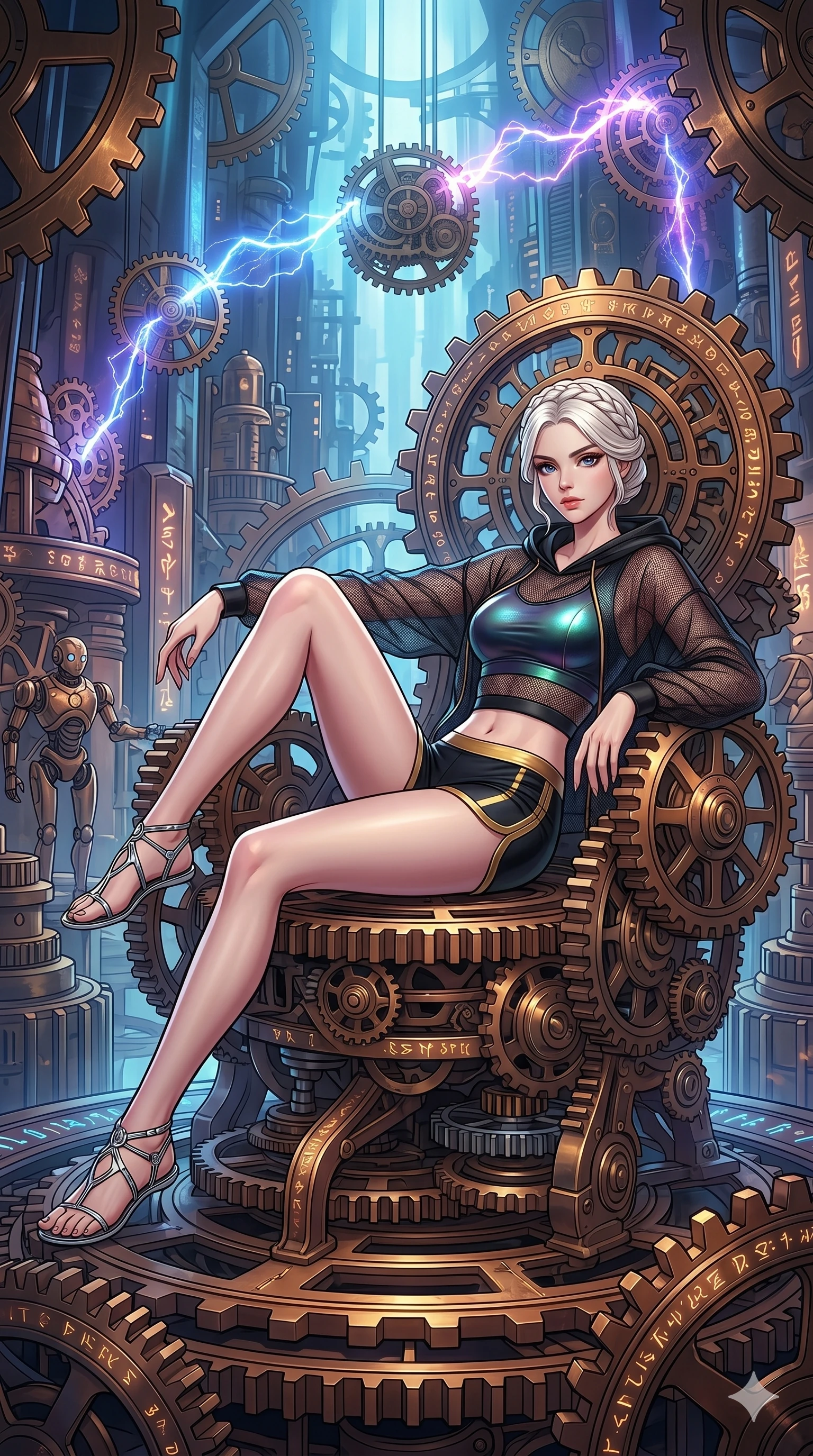 score_9, masterpiece, best quality, ultra-detailed, high-budget anime movie keyframe, cinematic anime lighting, intricate line art, Caucasian (strictly human ears) woman. Dynamic full-body shot stretching the vertical silhouette across the 9:16 frame. resting on a throne of gears in a clockwork heart of a city with lightning lasers. She has an absolutely perfect 8-heads proportion, an exceptionally tall and slender female figure with an ultra-slim waist and impossibly long slender legs. sharp v-shaped jawline, high-bridge nose, intricate jewel-like eyes, thick eyelashes, glossy lips. Wearing premium athleisure set with a metallic-finish compression top, high-cut yoga shorts that accentuate her long legs, and a sheer oversized hoodie. The scene is illuminated by dramatic atmospheric lighting and vibrant color palettes. , 2k, ultra detail, master piece, 9:16 ratio