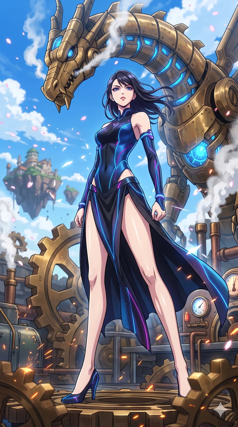score_9, masterpiece, best quality, ultra-detailed, High-budget Anime Keyframe, vibrant colors, fluid line-art, expressive lighting, cinematic composition, Ufotable-style visual effects, top-tier animation quality, Japanese woman with delicate and elegant anime-inspired features. Dynamic full-body shot stretching the vertical silhouette, capturing her from a powerful low-angle perspective. Staring down a colossal mechanical dragon within a sprawling steampunk workshop, steam and embers filling the air. She has an absolutely perfect 8-heads proportion, an exceptionally tall and slender female figure with impossibly long slender legs and an ultra-slim waist, her statuesque height and towering silhouette dominating the vertical 9:16 frame. Her face is a masterpiece featuring a sharp v-shaped jawline, high-bridge nose, intricate jewel-like eyes with depth, thick eyelashes, and glossy lips with a natural sheen. She is wearing a Asymmetrical high-cut tech-bodysuit with detached sleeves and glowing fiber-optic seams crafted from Bioluminescent silk that emits a soft, ethereal glow from within the fabric, with a dangerous high slit that showcases her impossibly long slender legs. The scene is set in an ancient floating island with pink cherry blossoms falling like snow against a blue sky, illuminated by dynamic strobe effects that capture her movement in a series of sharp fragments. 2k, ultra detail, master piece, 9:16 ratio