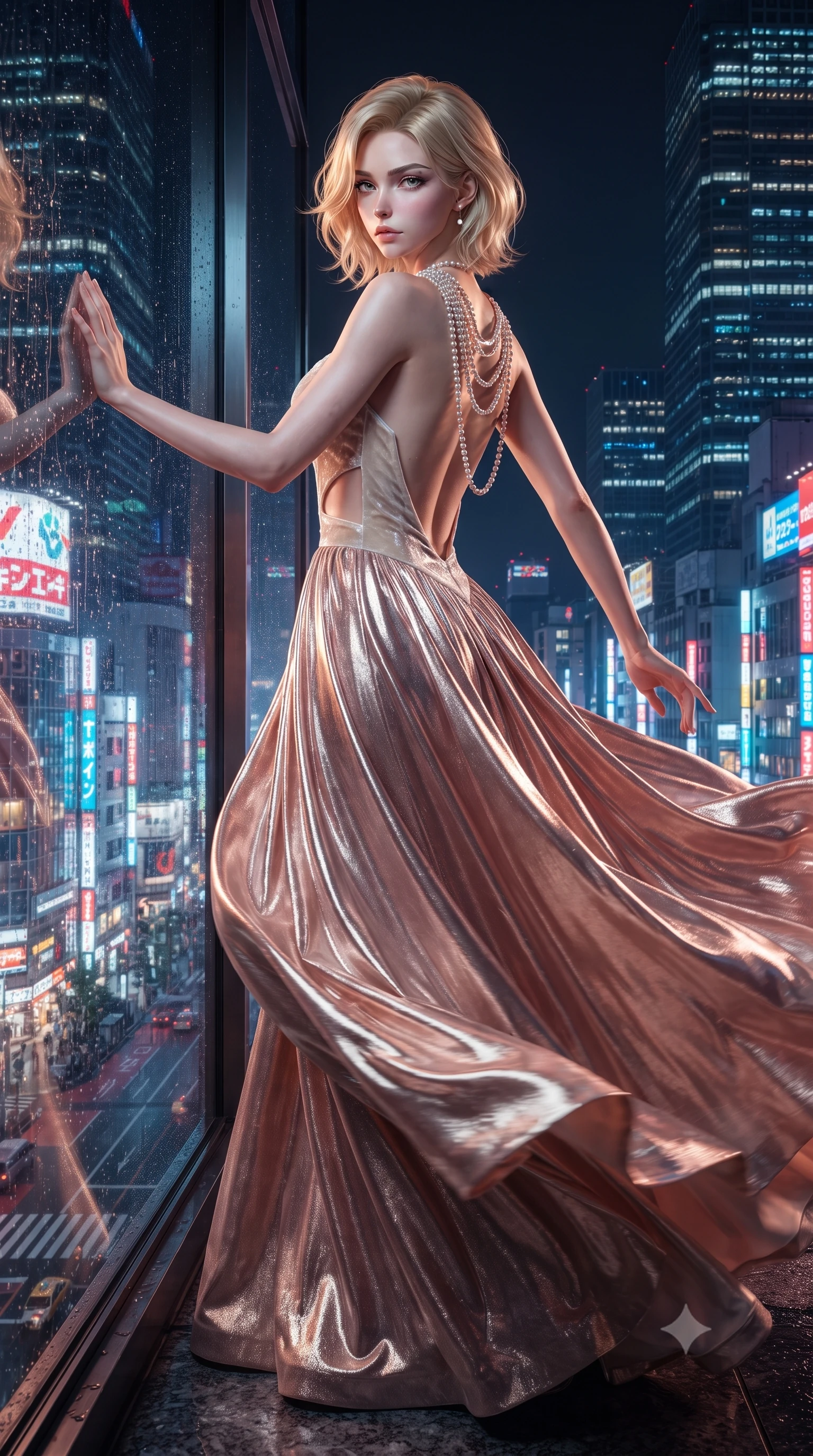 score_9, masterpiece, best quality, ultra-detailed, high-budget anime keyframe, editorial fashion photography, tasteful artistic composition, Caucasian woman. low angle full-body shot from head to toe showing her feet, filling the entire 9:16 vertical frame with her statuesque presence, stretching her vertical silhouette. executing an elegant mid-motion pivot turn as garments swirl around her slender limbs, glancing over her shoulder with an intoxicating bedroom-gaze while twisting her slender torso in an alluring contrapposto stance, one hand pressed against the glass as city neon washes over her curves with bedroom-eyes. The surrounding environment is rendered in vivid detail and crisp panoramic clarity. detailed fabric sheen, neon reflection clarity, and endless Tokyo metropolis panorama in high resolution. She has an exceptionally tall and slender model-like 8.5-heads proportion, an ultra-slim waist, a flat toned midriff, narrow delicate ribcage, and beautifully sculpted feminine hips creating a graceful, slim hourglass silhouette without any bulky heaviness, with impossibly long slender legs. sharp v-shaped jawline, high-bridge nose, intricate jewel-like eyes with depth, thick eyelashes, glossy parted lips with a natural sheen, intensely captivating and seductive bedroom-eyes expression, flawlessly proportioned anatomical accuracy, strict slender model proportions, natural body alignment, perfectly sculpted long slender limbs, ultra-slim waistline, clean dynamic posture without body distortion. wearing a deep sweetheart neckline crushed velvet corseted ballgown with an exposed midriff cutout in vintage champagne ivory and delicate rose gold, crafted from luxurious metallic lamé that shifts radiance with every step, accented with a multi-strand pearl back necklace cascading down her bare spine to her hips, the dramatically scooped open back descending to the base of her spine, accentuating her razor-sharp statuesque lines and slim hourglass silhouette. illuminated by wet specular glass bounce lights sculpting her razor-sharp jawline, narrow waist, and curvy hips. ultra-reflective glossy finish, specular highlights, rich textural contrasts, high-contrast stereoscopic depth, volumetric dynamic lighting, 2k, ultra detail, master piece, 9:16 ratio