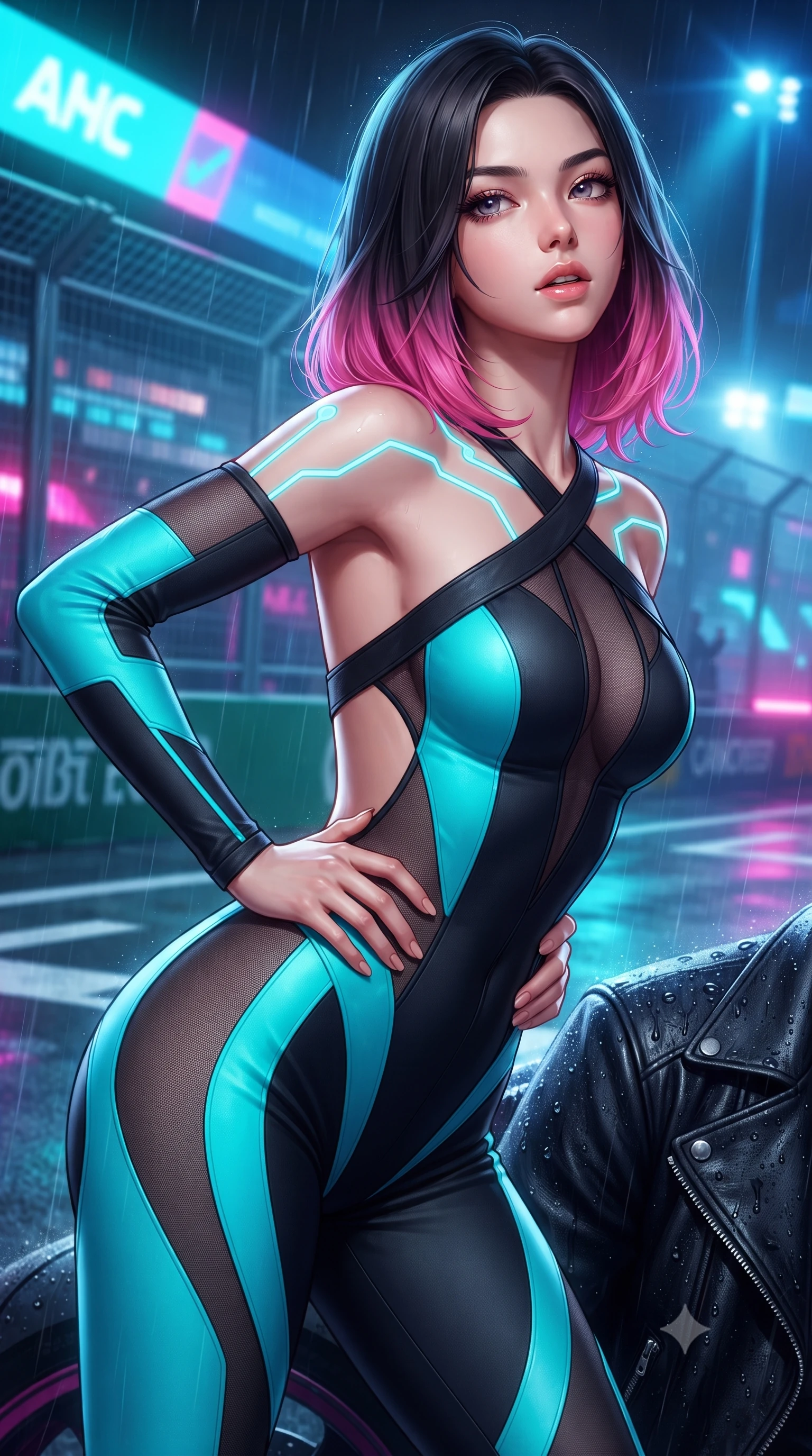 score_9, masterpiece, best quality, ultra-detailed, high-budget anime keyframe, editorial fashion photography, tasteful artistic composition, Korean woman. close-up cowboy shot from the waist and thighs up, the character dominates the composition, filling the frame with her large presence. arching her spine in an alluring serpentine S-curve, one hand resting on her waist with parted glossy lips and an intensely magnetic gaze while twisting her athletic torso in an alluring S-curve while resting both hands on her hips, looking past the camera with fearless allure. The surrounding environment is rendered in vivid detail and crisp panoramic clarity. crisp starting grid painted lines, rain droplet beads on leather jacket, and circuit fencing in deep focus. She has an exceptionally elegant, slender, and willowy female figure with an ultra-slim waist, a gracefully sculpted slender torso, toned flat midriff, and a refined slim silhouette. sharp v-shaped jawline, high-bridge nose, intricate jewel-like eyes with depth, thick eyelashes, glossy parted lips with a natural sheen, intensely captivating and seductive expression, flawlessly proportioned anatomical accuracy, strict slender model proportions, natural body alignment, perfectly sculpted long slender limbs, ultra-slim waistline, clean dynamic posture without body distortion. wearing a daring open-back racing jumpsuit with crossed elastic suspension straps and form-hugging fit in carbon matte black and neon electric cyan, made of stretchy athletic knit with sheer mesh cutout inserts, finished with glowing cyan circuit lines tracing her collarbones and shoulders, the sleek tactical cut tightly hugging her graceful clavicle, narrow waist, and athletic curves with statuesque precision. bathed in dynamic color-shifting LED race lights and sweeping white spotlight fill. ultra-reflective glossy finish, specular highlights, rich textural contrasts, high-contrast stereoscopic depth, volumetric dynamic lighting, 2k, ultra detail, master piece, 9:16 ratio