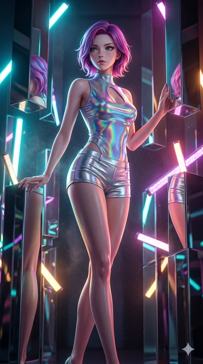 score_9, masterpiece, best quality, ultra-detailed, high-budget anime keyframe, Korean woman. low angle full-body shot filling the entire 9:16 frame with her statuesque presence, stretching the vertical silhouette. navigating a kinetic light-sculptur