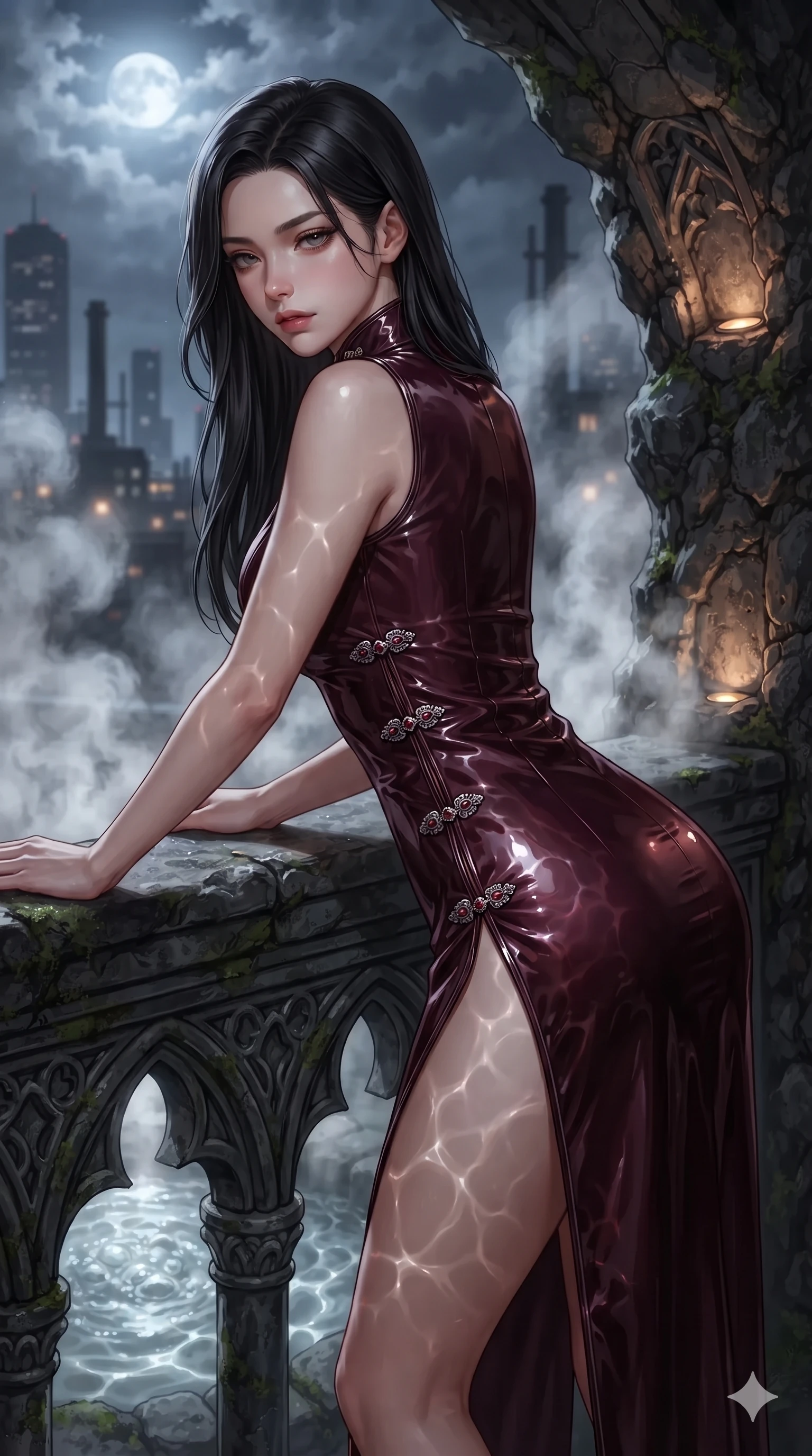 score_9, masterpiece, best quality, ultra-detailed, high-budget anime keyframe, editorial fashion photography, tasteful artistic composition, Korean woman. close-up cowboy shot from the waist and thighs up, the character dominates the composition, filling the frame with her large presence. leaning forward over the carved stone gothic balustrade, looking back with sleepy seductive bedroom-eyes as water reflections dance across her silhouette while leaning against a smooth volcanic rock boulder with hips cocked back, looking through floating steam eddies with heavy-lidded seductive eyes. The background shows a soft-focus curling white thermal steam clouds, bubbling mineral springs, and dark city silhouettes blurred into pearl white, slate, and gold bokeh. She has an exceptionally elegant, slender, and willowy female figure with an ultra-slim waist, flat toned midriff, narrow ribcage, and sculpted feminine hips creating an alluring, slim hourglass silhouette without bulk. sharp v-shaped jawline, high-bridge nose, intricate jewel-like sparkling eyes with depth, thick eyelashes, glossy parted lips with a natural sheen, intensely captivating and seductive bedroom-eyes expression, exuding both youthful cute charm and sovereign luxury allure, flawlessly proportioned anatomical accuracy, strict slender model proportions, natural body alignment, perfectly sculpted long slender limbs, ultra-slim waistline, clean dynamic posture without body distortion. wearing an alluring high-slit wrap cheongsam secured by miniature jeweled clasps and revealing the curve of her hip in deep wine burgundy and brushed dark platinum, tailored from high-gloss patent leather with mirror-like specular highlights, complemented by strappy stiletto sandals with metallic ankle wraps accentuating her slender calves, the bespoke structured tailoring following the natural line of her 8.5-heads silhouette with refined elegance. bathed in the warm, moody ambient light of concealed rock-recessed spotlights combined with the soft silver glow of the moon. ultra-reflective glossy finish, specular highlights, rich textural contrasts, high-contrast stereoscopic depth, volumetric dynamic lighting, 2k, ultra detail, master piece, 9:16 ratio