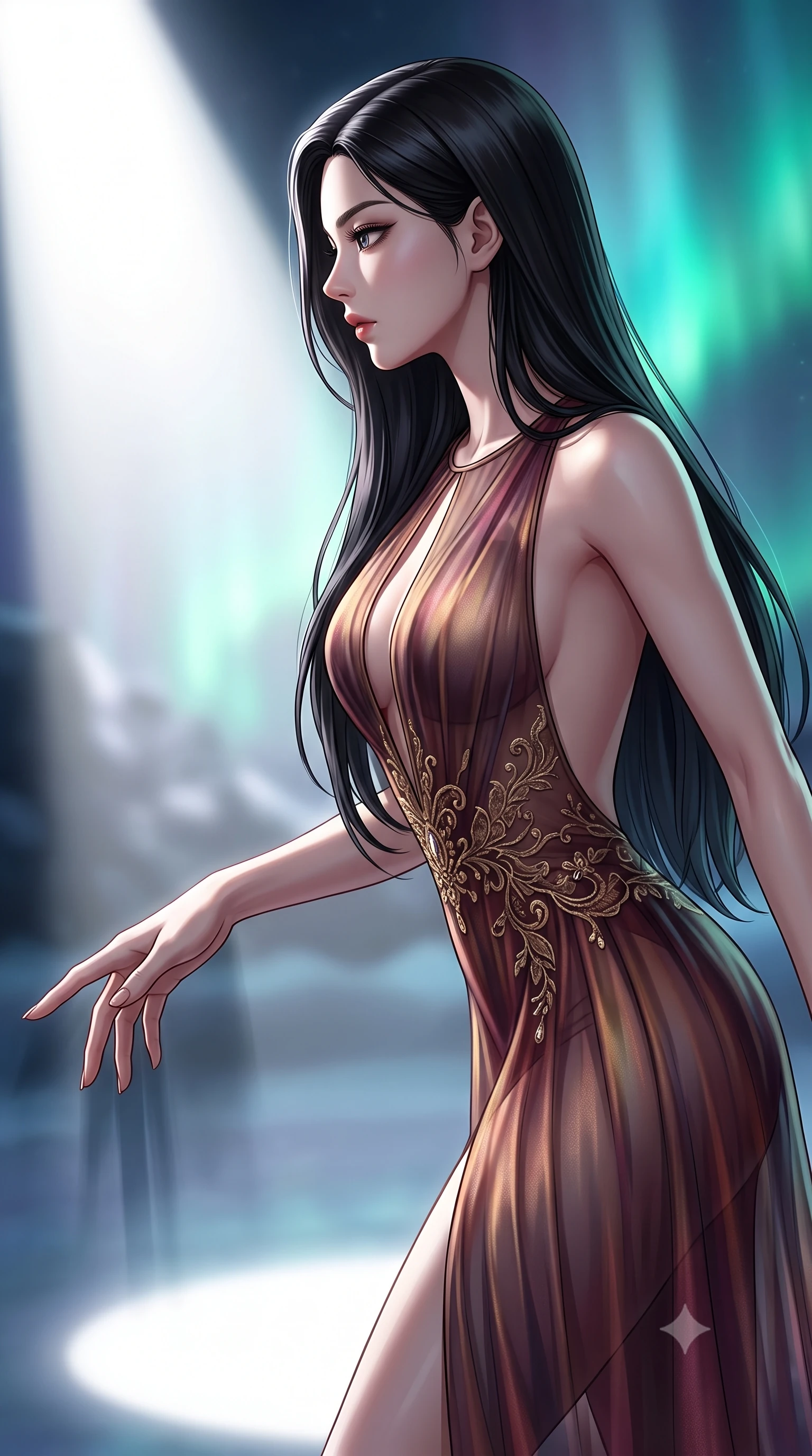 score_9, masterpiece, best quality, ultra-detailed, high-budget anime keyframe, editorial fashion photography, tasteful artistic composition, Korean woman. close-up cowboy shot from the waist and thighs up, the character dominates the composition, filling the frame with her large presence, background elements kept in soft focus. Turning her face in sharp profile while her upper body leans forward with poised athletic grace while reaching her hand forward toward a solitary spotlight isolating her statuesque posture, dramatic opera spotlights casting sharp dynamic shadows across the frozen stage. She has an exceptionally elegant, slender, and willowy female figure with an ultra-slim waist, a gracefully sculpted slender torso, and a refined silhouette. sharp v-shaped jawline, high-bridge nose, intricate jewel-like eyes with depth, thick eyelashes, glossy lips with a natural sheen, flawlessly proportioned anatomical accuracy, natural body alignment, perfectly sculpted elegant limbs, clean dynamic posture without body distortion. wearing a translucent iridescent chiffon gown with a plunging neckline and open back in deep burgundy and bronze, woven from fine semi-opaque sheer organza, accented with a Tasteful chest slit framing her clavicle gracefully, the tailored fabric tightly following every curve of her athletic build. bathed in crisp silver moonlight and vivid cyan-green polar aurora backlighting. highly saturated vibrant anime colors, detailed shading with soft gradients, rich glossy textures, high-contrast stereoscopic depth, volumetric dynamic lighting, master piece, 9:16 ratio