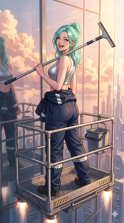 score_9, masterpiece, best quality, ultra-detailed, high-budget anime keyframe, semi-realistic 3D game render, Japanese woman. Upper body close-up from the thighs up, character filling the screen for maximum presence. Standing on a hover-platform cle