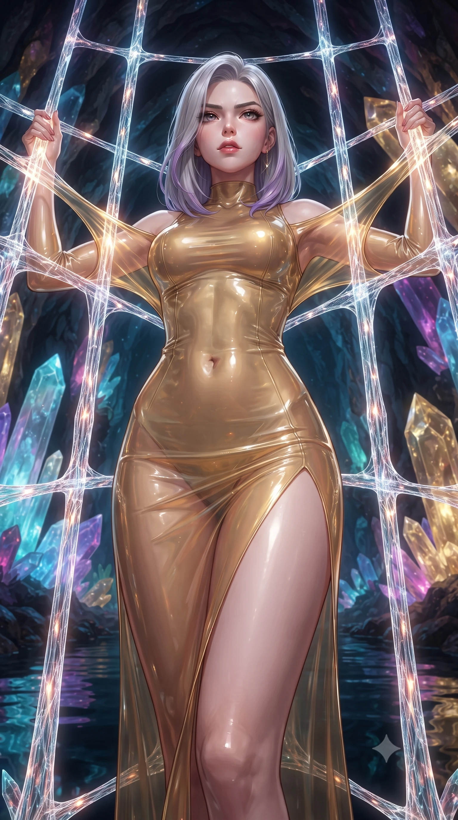 score_9, masterpiece, best quality, ultra-detailed, High-budget Anime Keyframe, editorial fashion photography, tasteful artistic composition, realistic cosplay photography, Caucasian woman, strictly human ears. Low angle cowboy shot filling the entire 9:16 frame with her statuesque presence. Scenario 385: trapped in a cage of glowing crystalline fibers, her body pressing against the bars, in an underground cave lined with glowing quartz crystals and deep pools. Her presence is magnetic and overpowering in this high-budget cinematic scene. Outfit 385: a form-contouring translucent PVC gold with a thigh-high slit and tight-fitting silhouette. The clothing is designed to emphasize her exceptionally tall and slender 8-heads proportion. 8-heads proportion, towering silhouette, ultra-slim waist. sharp v-shaped jawline, intricate jewel-like eyes with depth, thick eyelashes, glossy lips. ultra-reflective glossy finish, specular highlights, metallic sheen, high-contrast stereoscopic depth, volumetric dynamic lighting, 2k, ultra detail, master piece, 9:16 ratio