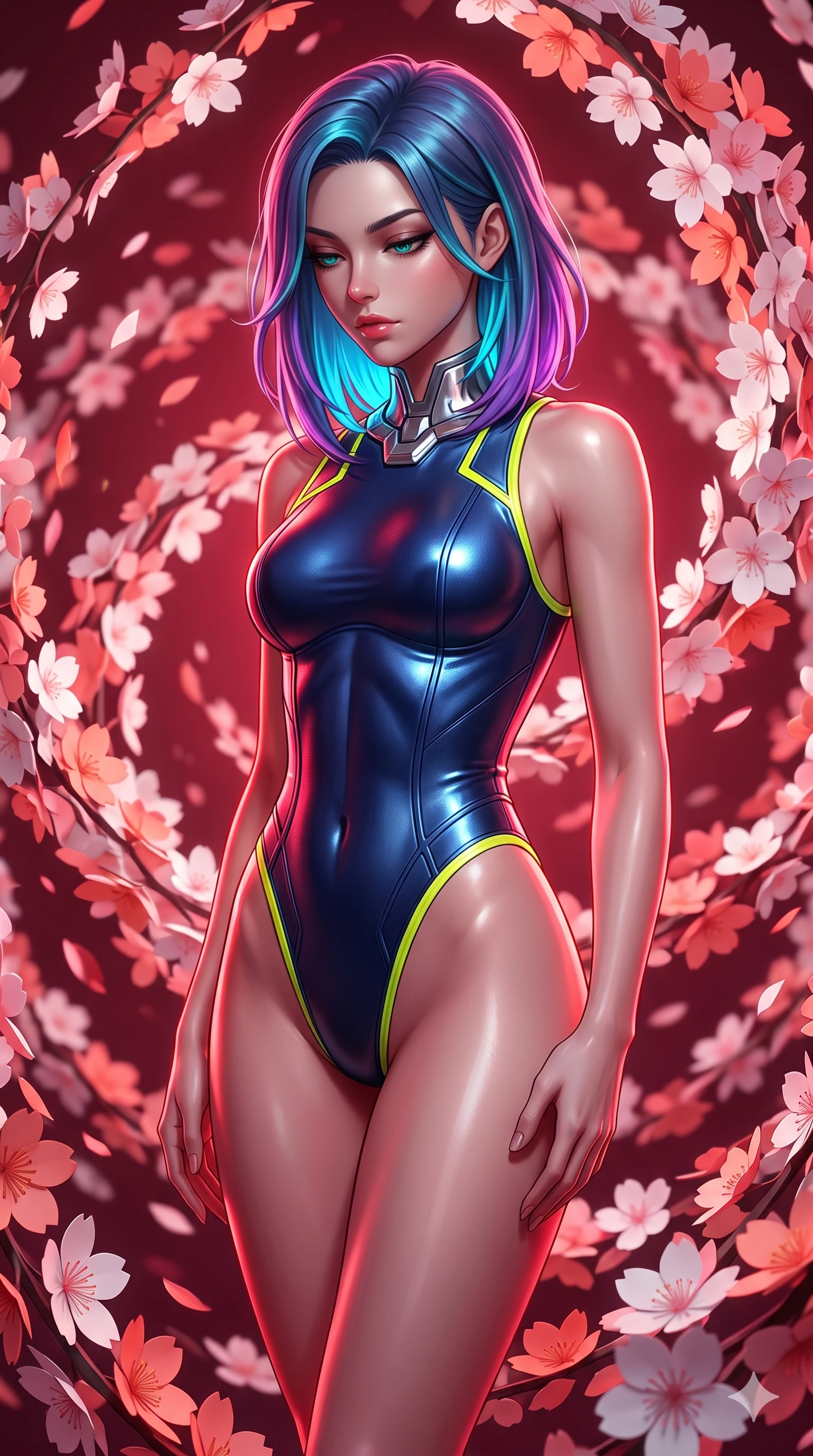score_9, masterpiece, best quality, ultra-detailed, high-budget anime keyframe, editorial fashion photography, tasteful artistic composition, Caucasian woman, strictly human ears. close-up cowboy shot from the waist and thighs up, the character dominates the composition, filling the frame with her large presence, background elements kept in soft focus. Looking down with lowered lashes and a composed powerful expression. set against a soft-focus background of caught in a magnificent whirlwind of thousands of paper cherry blossoms that continuously unfold and refold in kaleidoscopic motion creating spiraling patterns of pink white and coral paper petals. She has an exceptionally elegant and slender, willowy female figure with an ultra-slim waist, a gracefully sculpted slender torso, and a refined slim physique. sharp v-shaped jawline, high-bridge nose, intricate jewel-like eyes with depth, thick eyelashes, glossy lips with a natural sheen. wearing a one-piece swimsuit-style bodysuit in metallic navy with neon yellow trim, featuring high-cut legs and a chrome collar attachment. deep crimson theatrical lighting with sharp specular highlights on every curve. 2k, ultra detail, master piece, 9:16 ratio