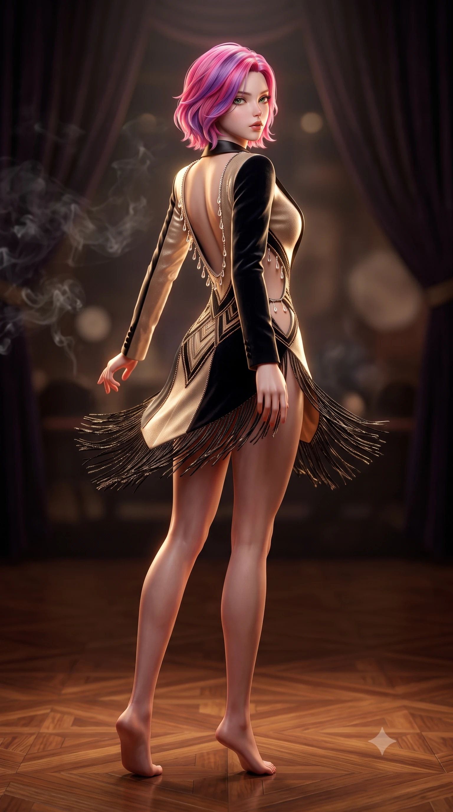 score_9, masterpiece, best quality, ultra-detailed, high-budget anime keyframe, semi-realistic 3D game render, editorial fashion photography, tasteful artistic composition, Caucasian woman. low angle full-body shot from head to toe showing her feet, filling the entire 9:16 vertical frame with her statuesque presence, stretching her vertical silhouette. executing an elegant mid-motion pivot turn as garments swirl around her slender limbs, glancing over her shoulder with an intoxicating bedroom-gaze while twirling dynamically on the polished parquet dance floor, fringes of her dress fluttering around her curvy hips. The composition keeps background elements in soft focus with creamy bokeh. drifting cigar smoke wisps and dark velvet draperies softened in luxurious 1920s shallow focus. She has an absolutely perfect, statuesque 8.5-heads proportion, an exceptionally tall and slender model-like female figure with impossibly long slender legs, a toned flat midriff, an ultra-slim waist, and beautifully sculpted feminine hips. sharp v-shaped jawline, high-bridge nose, intricate jewel-like eyes with depth, thick eyelashes, glossy parted lips with a natural sheen, intensely captivating and seductive bedroom-eyes expression, flawlessly proportioned anatomical accuracy, strict slender model proportions, natural body alignment, perfectly sculpted long slender limbs, ultra-slim waistline, clean dynamic posture without body distortion. wearing a tailored tuxedo jacket dress with satin lapels, worn with a deep plunge neckline and gold hip buckle in champagne gold and midnight black velvet, formed from shimmering geometric Art Deco beadwork over fluid silk lining, accented with delicate crystal teardrop pendants outlining the plunging neckline, the precision-cut side openings and low-back scoop framing her graceful spine and the sensual sweep of her hips. surrounded by an opulent, scandalous, and irresistibly intoxicating jazz-age siren aura. highly saturated vibrant anime colors, detailed shading with soft gradients, rich glossy textures, high-contrast stereoscopic depth, volumetric dynamic lighting, master piece, 9:16 ratio
