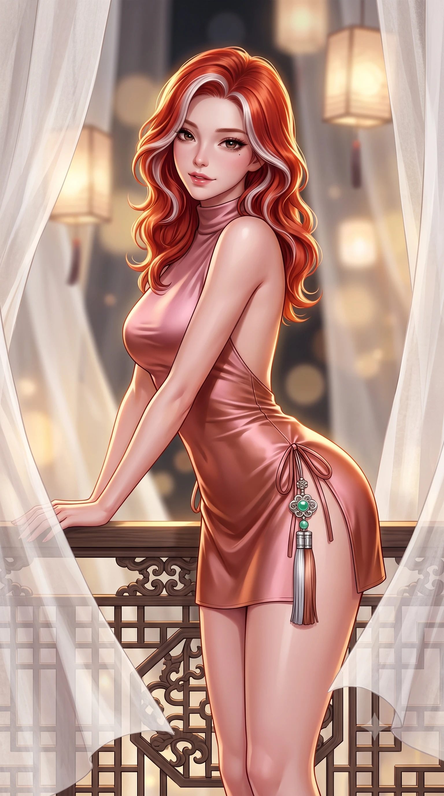 score_9, masterpiece, best quality, ultra-detailed, high-budget anime keyframe, semi-realistic 3D game render, editorial fashion photography, tasteful artistic composition, Caucasian woman. close-up cowboy shot from the waist and thighs up, the character dominates the composition, filling the frame with her large presence. leaning forward over the carved veranda balustrade while arching her lower back to accentuate her curvy hips, looking into the camera with an enchanting coquettish smile and bedroom-eyes while standing poised between drying sheets of translucent mulberry paper that flutter like silk, arching her back with ethereal artistic grace. The background shows a soft-focus layers of drying translucent white hanji paper screens and floating glowing lanterns blurred into warm ivory, honey, and charcoal bokeh. She has an exceptionally elegant, slender, and willowy female figure with an ultra-slim waist, flat toned midriff, narrow ribcage, and sculpted feminine hips creating an alluring, slim hourglass silhouette without bulk. sharp v-shaped jawline, high-bridge nose, intricate jewel-like dark sparkling almond eyes with depth, thick lashes, glossy parted lips with a natural rose-plum sheen, bright alluring and coquettish smile with bedroom-eyes, exuding both timeless oriental elegance and sovereign high-fashion allure, flawlessly proportioned anatomical accuracy, strict slender model proportions, natural body alignment, perfectly sculpted long slender limbs, ultra-slim waistline, clean dynamic posture without body distortion. wearing a form-contouring sleeveless turtleneck mini dress in liquid silk satin with subtle side hip ties and high slits in dusty rose pink and burnished copper, crafted from heavy fluid silk satin with a liquid mirror-like sheen, finished with an ornate modern norigae tassel with polished jade and chrome charms resting on her curvy hips, the precision-cut side hip slits and low-back scoop framing her graceful spine and the sensual sweep of her slim, toned hips. illuminated by soft floor uplighting and sharp golden-amber rim lighting carving her razor-sharp jawline, narrow waist, and curvy hips. highly saturated vibrant anime colors, detailed shading with soft gradients, rich glossy textures, high-contrast stereoscopic depth, volumetric dynamic lighting, master piece, 9:16 ratio
