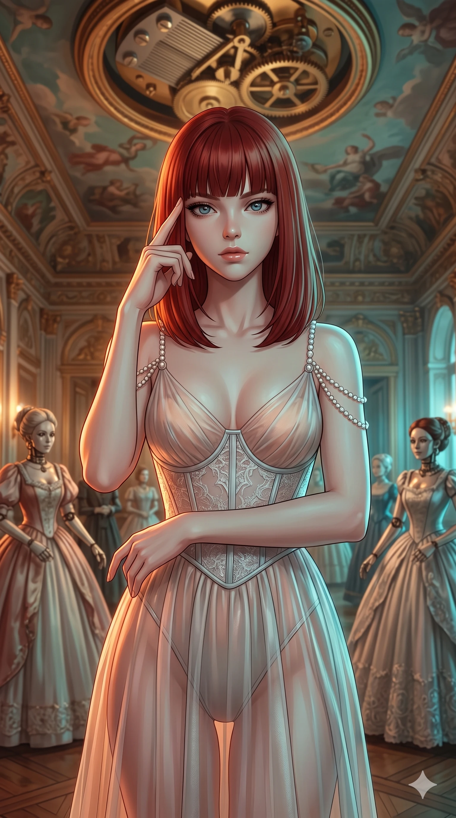 score_9, masterpiece, best quality, ultra-detailed, high-budget anime keyframe, editorial fashion photography, tasteful artistic composition, Caucasian woman, strictly human ears. close-up cowboy shot from the waist and thighs up, the character dominates the composition, filling the frame with her large presence, background elements kept in soft focus. Pressing two fingers to her temple in a composed thoughtful gesture. set against a soft-focus background of an ornate Victorian ballroom populated by elegant life-sized clockwork automatons in ball gowns with a massive gilded music box mechanism rotating slowly in the frescoed ceiling above. She has an exceptionally elegant and slender, willowy female figure with an ultra-slim waist, a gracefully sculpted slender torso, and a refined slim physique. sharp v-shaped jawline, high-bridge nose, intricate jewel-like eyes with depth, thick eyelashes, glossy lips with a natural sheen. wearing a translucent gossamer gown in pale peach and silver, revealing her slender silhouette beneath, with pearl-chain straps and a structured lace corset bodice. warm amber rim lighting combined with cool teal fill light creating dramatic contrast. 2k, ultra detail, master piece, 9:16 ratio