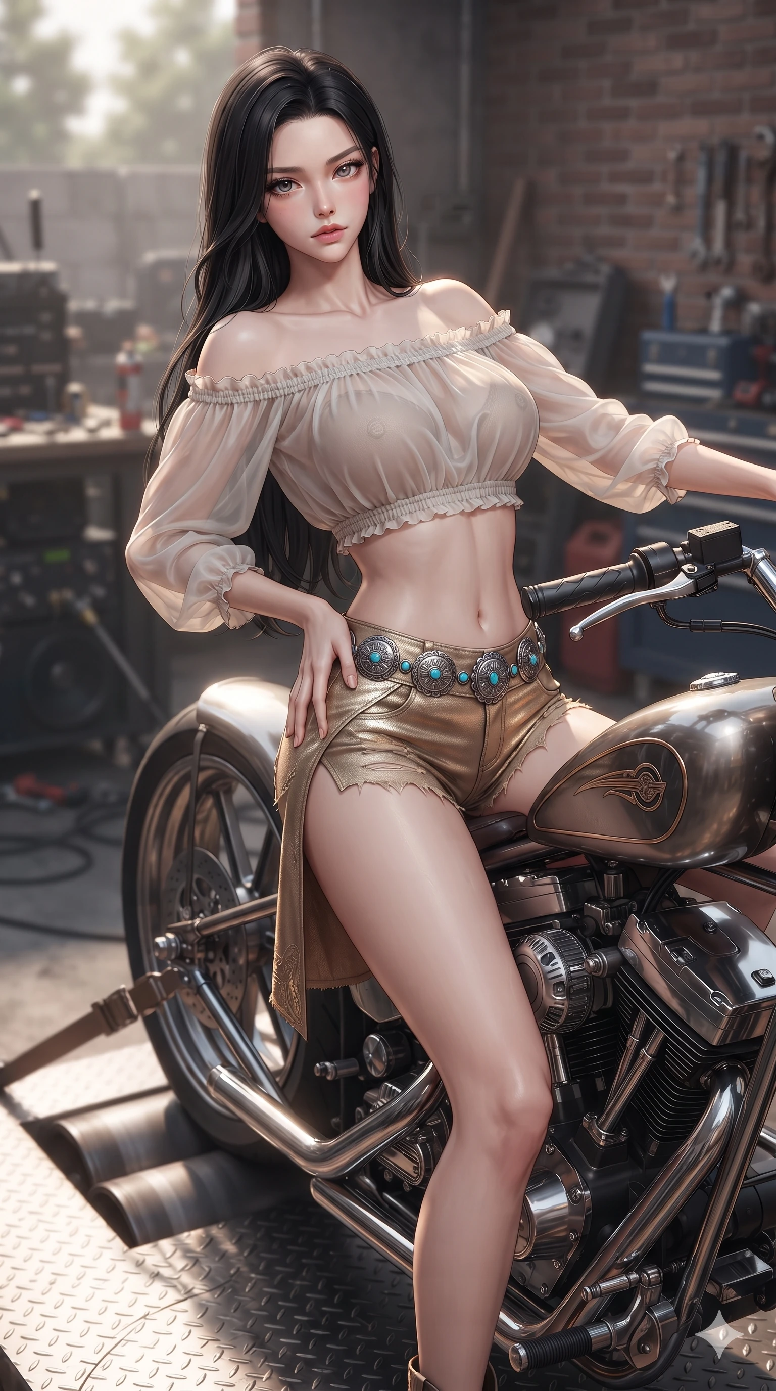 score_9, masterpiece, best quality, ultra-detailed, high-budget anime keyframe, editorial fashion photography, tasteful artistic composition, Korean woman. close-up cowboy shot from the waist and thighs up, the character dominates the composition, filling the frame with her large presence. arching her spine backward with effortless dancer poise, one hand sliding along her hip line as directional light carves specular highlights along her silhouette while astride a custom high-performance chopper strapped to the dyno rollers, arching her spine backward with effortless rider poise as one hand rests on the throttle. The background shows a soft-focus outdoor motorcycle dyno pad softened in technical mechanical shallow focus. She has an exceptionally elegant, slender, and willowy female figure with an ultra-slim waist, flat toned midriff, narrow ribcage, and sculpted feminine hips creating an alluring, slim hourglass silhouette without bulk. sharp v-shaped jawline, high-bridge nose, sparkling eyes with hypnotic seductive depth, thick curled eyelashes, glossy parted lips with a natural dewy peach sheen, alluring bedroom-eyes with an enchanting coquettish smile, exuding magnetic siren charisma and sophisticated glamour, flawlessly proportioned anatomical accuracy, strict slender model proportions, natural body alignment, perfectly sculpted long slender limbs, ultra-slim waistline, clean dynamic posture without body distortion. wearing an off-the-shoulder sheer peasant crop blouse with elastic ruched neckline paired with tight distressed cutoff shorts in matte desert tan and polished chrome accents, crafted from luxurious metallic lamé that shifts radiance with every step, accented with authentic engraved silver concho medallions and turquoise cabochons, the high-slit wrap tailoring accentuating her ultra-slim waistline and the enchanting curve of her feminine hips with alluring seductive charm. illuminated by diamond-plate floor bounce and sharp copper-gold rim lights defining her razor-sharp jawline, narrow waist, and curvy hips. ultra-reflective glossy finish, specular highlights, rich textural contrasts, high-contrast stereoscopic depth, volumetric dynamic lighting, 2k, ultra detail, master piece, 9:16 ratio