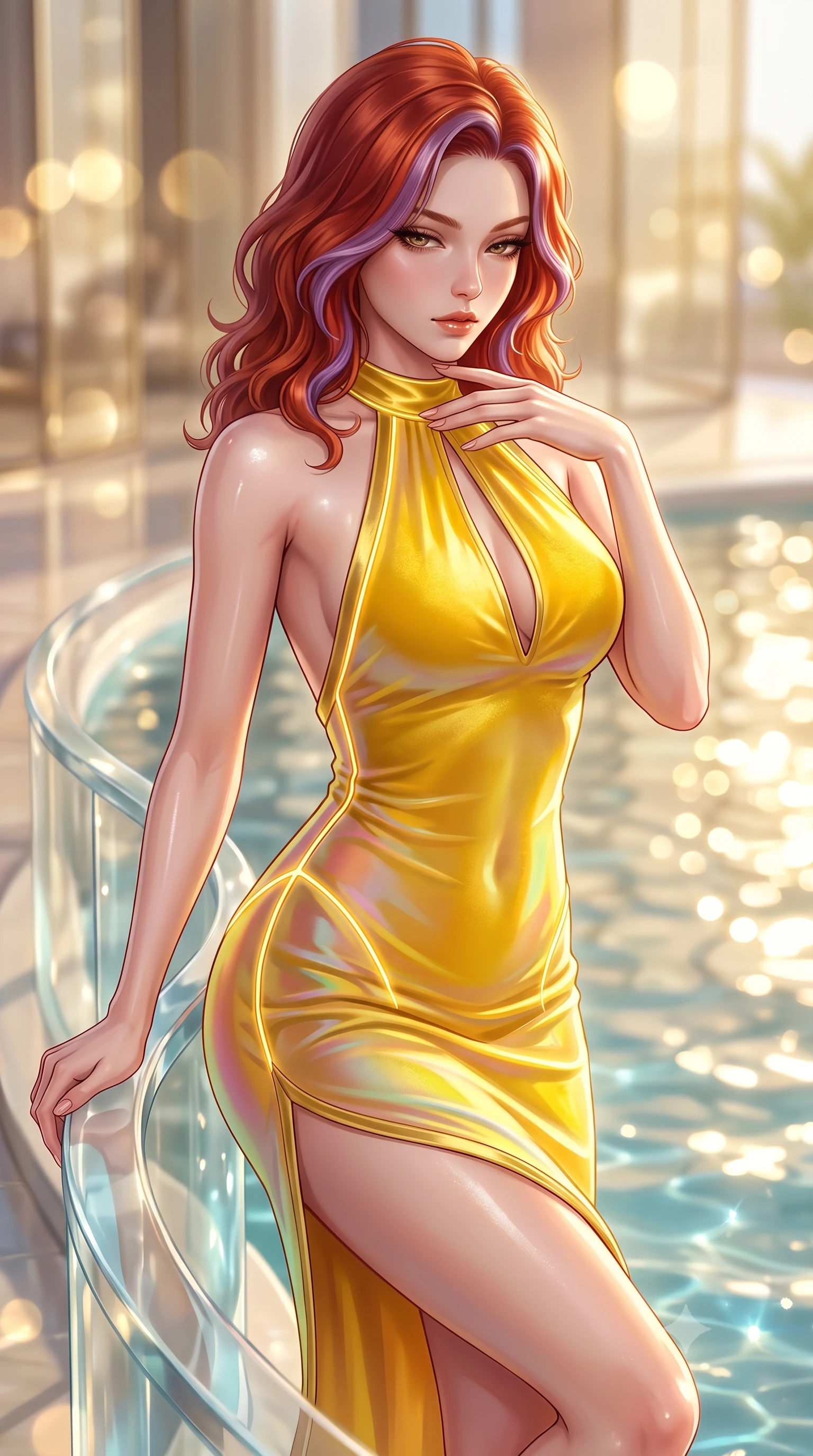 score_9, masterpiece, best quality, ultra-detailed, high-budget anime keyframe, semi-realistic 3D game render, editorial fashion photography, tasteful artistic composition, Caucasian woman. close-up cowboy shot from the waist and thighs up, the character dominates the composition, filling the frame with her large presence. resting her fingers lightly against her throat while looking down with a smoldering, haughty yet intensely captivating glance while leaning seductively against a curved crystal balustrade with sunlight reflecting off her glossy skin. The composition keeps background elements in soft focus with creamy bokeh. champagne-tinted glass reflections and shimmering water surfaces blurred into glowing golden bokeh. She has an exceptionally elegant, slender, and willowy female figure with an ultra-slim waist, a gracefully sculpted slender torso, toned flat midriff, and a refined slim silhouette. sharp v-shaped jawline, high-bridge nose, intricate jewel-like eyes with depth, thick eyelashes, glossy lips with a natural sheen, flawlessly proportioned anatomical accuracy, strict slender model proportions, natural body alignment, perfectly sculpted long slender limbs, ultra-slim waistline, clean dynamic posture without body distortion. wearing a velvet halter-neck midi dress fitting her statuesque contour flawlessly with a Tasteful chest slit and open spine in vibrant sunburst canary yellow and gold trim, made of smooth iridescent silk chiffon that shifts colors with movement, accented with glowing fiber-optic seams tracing her collarbones and hip curves, the glove-like aerodynamic second-skin fit tightly clinging to her ultra-slender waist and athletic curves without adding bulk, accentuating her razor-sharp statuesque lines and slim hourglass silhouette. bathed in warm champagne-gold sunbursts and sparkling aquatic water refractions. highly saturated vibrant anime colors, detailed shading with soft gradients, rich glossy textures, high-contrast stereoscopic depth, volumetric dynamic lighting, master piece, 9:16 ratio