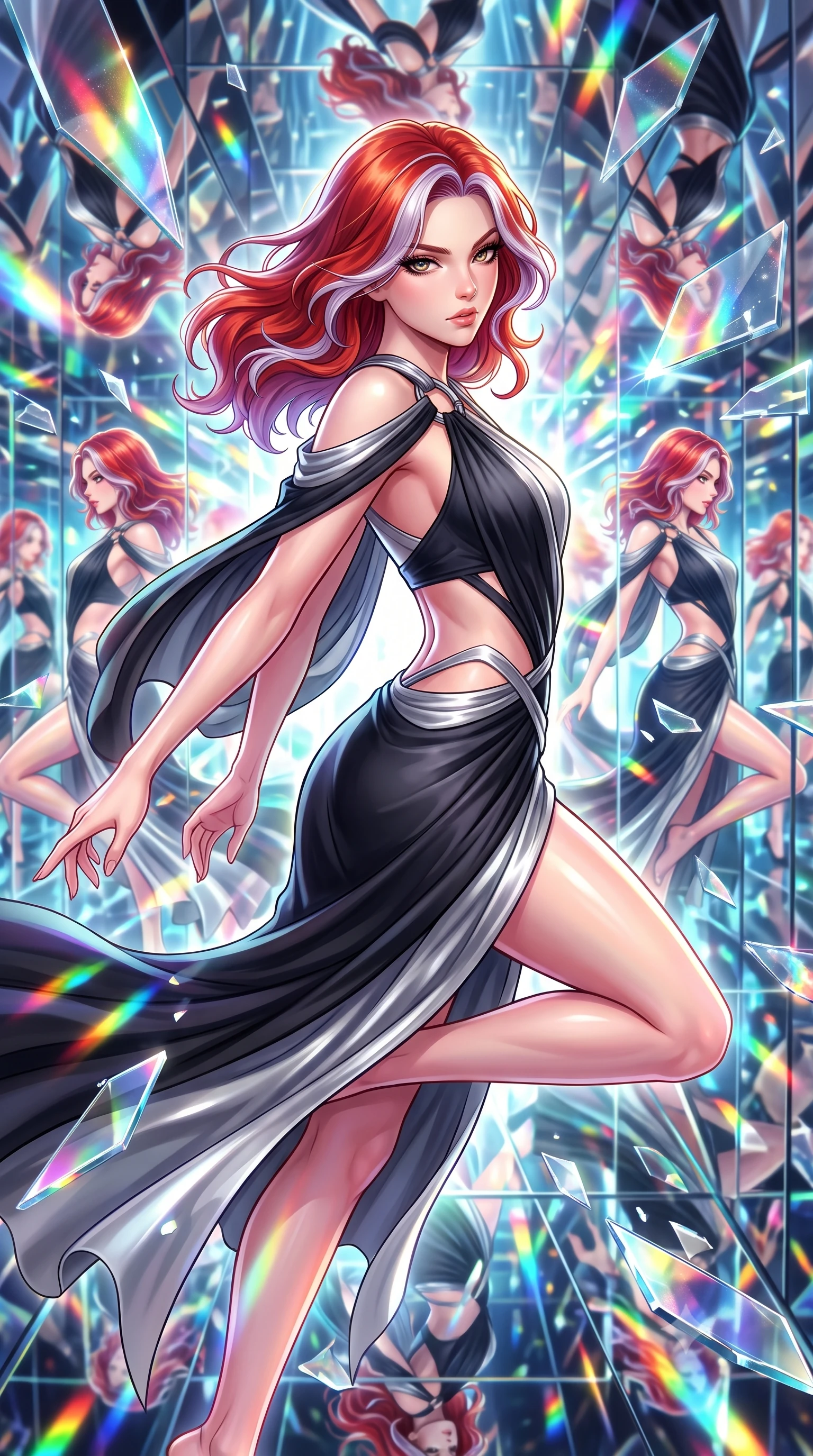 score_9, masterpiece, best quality, ultra-detailed, high-budget anime keyframe, editorial fashion photography, tasteful artistic composition, Caucasian woman. close-up cowboy shot from the waist and thighs up, the character dominates the composition, filling the frame with her large presence, background elements kept in soft focus. Pivoting sharply while looking back over her shoulder with heavy lashes and a confident, intense gaze while leaping through a kaleidoscope mirror corridor as her reflection multiplies endlessly, shattered mirror shards scattering brilliant rainbow reflections everywhere. She has an exceptionally elegant, slender, and willowy female figure with an ultra-slim waist, a gracefully sculpted slender torso, and a refined silhouette. sharp v-shaped jawline, high-bridge nose, intricate jewel-like eyes with depth, thick eyelashes, glossy lips with a natural sheen, flawlessly proportioned anatomical accuracy, natural body alignment, perfectly sculpted elegant limbs, clean dynamic posture without body distortion. wearing an asymmetrical Grecian draped chiffon gown with a metallic shoulder ring in matte black and polished silver, crafted from smooth liquid silk, featuring subtle geometric cutouts that highlight her ultra-slim midriff, the form-contouring material highlighting her ultra-slim waist and long lines. surrounded by a radiant, high-energy reflection aura. highly saturated vibrant anime colors, detailed shading with soft gradients, rich glossy textures, high-contrast stereoscopic depth, volumetric dynamic lighting, master piece, 9:16 ratio