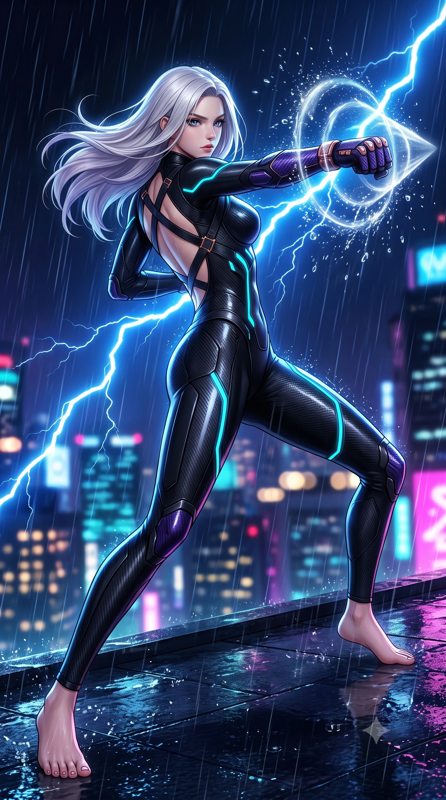 score_9, masterpiece, best quality, ultra-detailed, high-budget anime keyframe, semi-realistic 3D game render, editorial fashion photography, tasteful artistic composition, Caucasian woman. low angle full-body shot from head to toe showing her feet, filling the entire 9:16 vertical frame with her statuesque presence, stretching her vertical silhouette. pivoting dynamically in a high-speed low sweep kick along the reflective floor, her athletic torso and ultra-slim waist twisting in a fluid arc of power while delivering a lightning-fast kinetic punch on a rain-swept skyscraper rooftop, generating a visible conical air-distortion shockwave. The composition keeps background elements in soft focus with creamy bokeh. sparkling shockwave condensation rings and splashing raindrops scattering radiant light across a dark backdrop. She has an absolutely perfect, statuesque 8.5-heads proportion, an exceptionally tall and slender model-like female figure with impossibly long slender legs, a toned flat midriff, and an ultra-slim waist. sharp v-shaped jawline, high-bridge nose, intricate jewel-like eyes with depth, thick eyelashes, glossy lips with a natural sheen, flawlessly proportioned anatomical accuracy, strict slender model proportions, natural body alignment, perfectly sculpted long slender limbs, ultra-slim waistline, clean dynamic posture without body distortion. wearing a high-mobility matte-black carbon-fiber combat bodysuit with glowing neon cyan kinetic conduits and Damascus-textured knuckle guards in royal purple carbon fiber with rose-gold hardware and clasps, formed from high-gloss patent carbon-plating with specular chiaroscuro reflections, complemented by criss-cross back harness straps highlighting her completely bare spine, the sleek second-skin cut tightly hugging her graceful clavicle, narrow waist, and feminine curves with athletic precision. bathed in dramatic blue lightning flashes and vibrant neon city ambient reflections. rich saturated anime colors with glowing neon highlights, detailed shading with soft gradients, rich glossy textures, high-contrast stereoscopic depth, volumetric dynamic lighting, master piece, 9:16 ratio