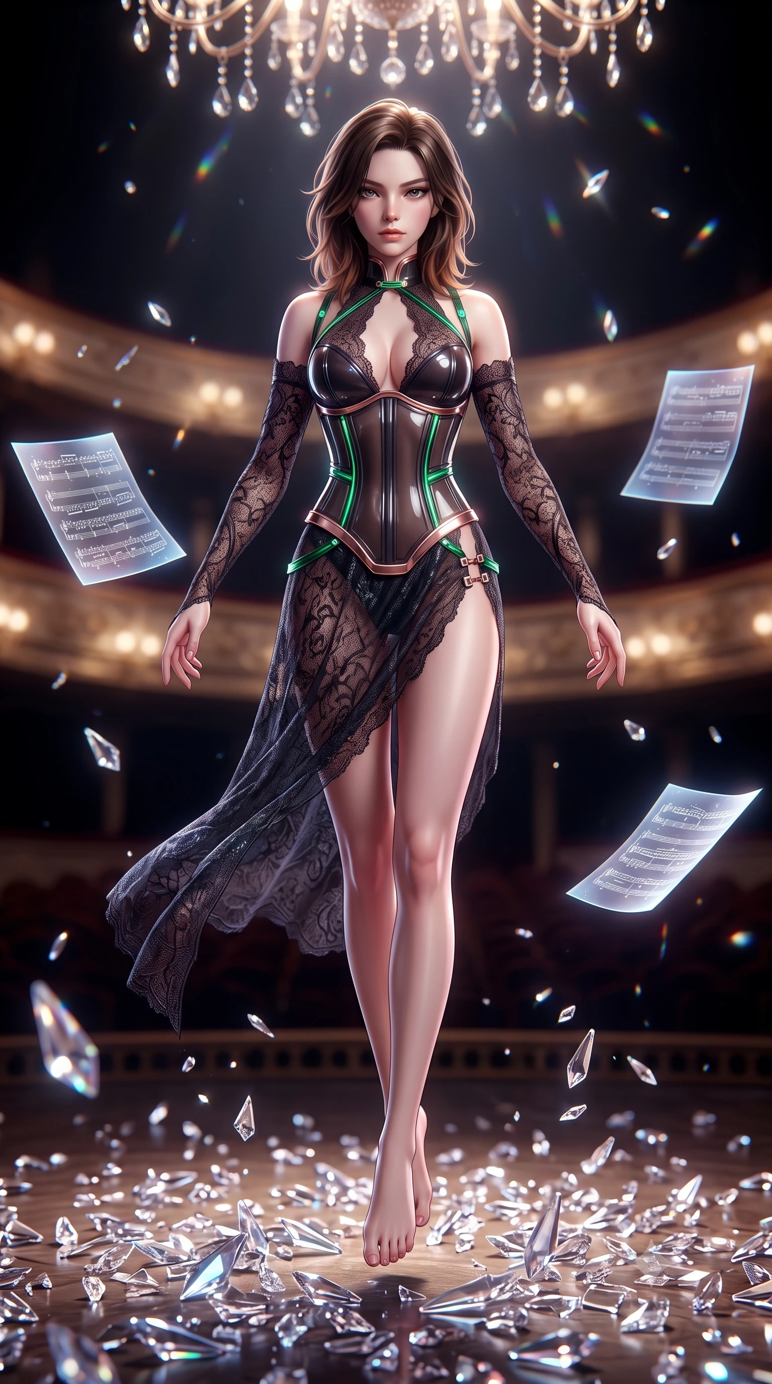 score_9, masterpiece, best quality, ultra-detailed, high-budget anime keyframe, semi-realistic 3D game render, editorial fashion photography, tasteful artistic composition, Korean woman. low angle full-body shot from head to toe showing her feet, filling the entire 9:16 vertical frame with her statuesque presence, stretching her vertical silhouette. performing an alluring mid-air vault with flawless poise, looking directly into the camera with smoldering intensity while standing with regal posture amidst thousands of shattered crystal chandelier prisms on an opera stage. The composition keeps background elements in soft focus with creamy bokeh. floating holographic sheet music and chandelier refractions scattering light across a majestic backdrop. She has an absolutely perfect, statuesque 8.5-heads proportion, an exceptionally tall and slender model-like female figure with impossibly long slender legs and an ultra-slim waist. sharp v-shaped jawline, high-bridge nose, intricate jewel-like eyes with depth, thick eyelashes, glossy lips with a natural sheen, flawlessly proportioned anatomical accuracy, natural body alignment, perfectly sculpted elegant limbs, clean dynamic posture without body distortion. wearing a translucent cybernetic corset in semi-opaque structured vinyl, combined with detached sleeves and a deep-plunging neckline secured by glowing micro-straps in emerald green and metallic rose gold trim, crafted from delicate dark lace interwoven with luminescent micro-fibers, finished with an ultra-high side slit secured by miniature magnetic clasps, the liquid-tight fabric adhering flawlessly to her sculpted torso and slender silhouette. surrounded by an opulent, dramatic, and intensely seductive high-culture editorial aura. highly saturated vibrant anime colors, detailed shading with soft gradients, rich glossy textures, high-contrast stereoscopic depth, volumetric dynamic lighting, master piece, 9:16 ratio