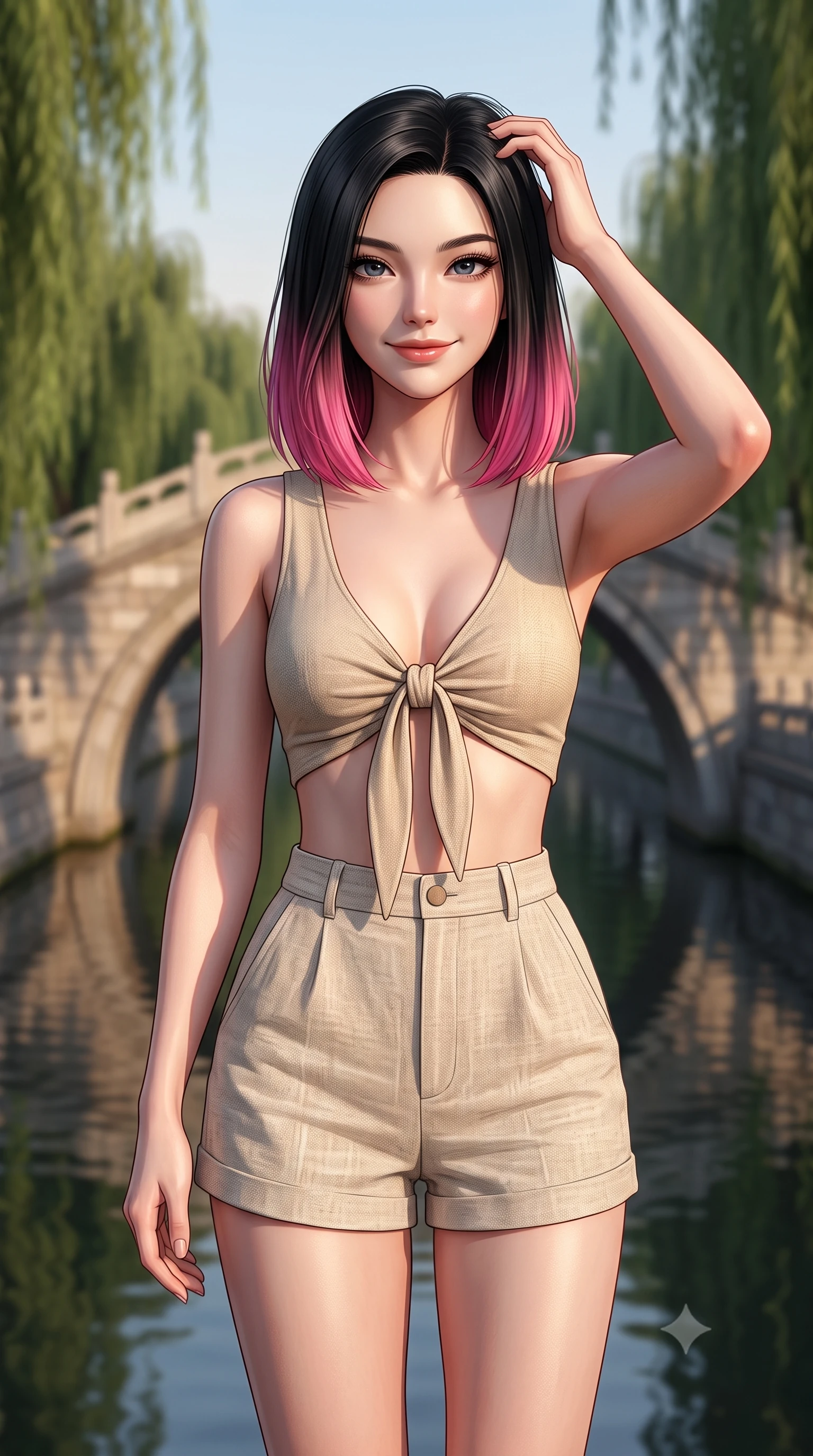 score_9, masterpiece, best quality, ultra-detailed, high-budget anime keyframe, editorial fashion photography, tasteful artistic composition, Korean woman woman. close-up cowboy shot from the waist and thighs up, the character dominates the composition, filling the frame with her large presence, background elements kept in soft focus. smiling with quiet, magnetic self-assurance directly into the camera, running a hand through her hair the background shows a soft-focus a classic stone arch bridge over a quiet city canal, with green weeping willows lining the banks. She has an exceptionally elegant, slender, and willowy female figure with an ultra-slim waist, a gracefully sculpted slender torso, and a refined silhouette. sharp v-shaped jawline, high-bridge nose, intricate jewel-like eyes with depth, thick eyelashes, glossy lips with a natural sheen. wearing a slim-fit chic summer outfit of a front-tie crop top and high-waisted linen shorts. late afternoon sun casting long shadows of the willows on the water. 2k, ultra detail, master piece, 9:16 ratio