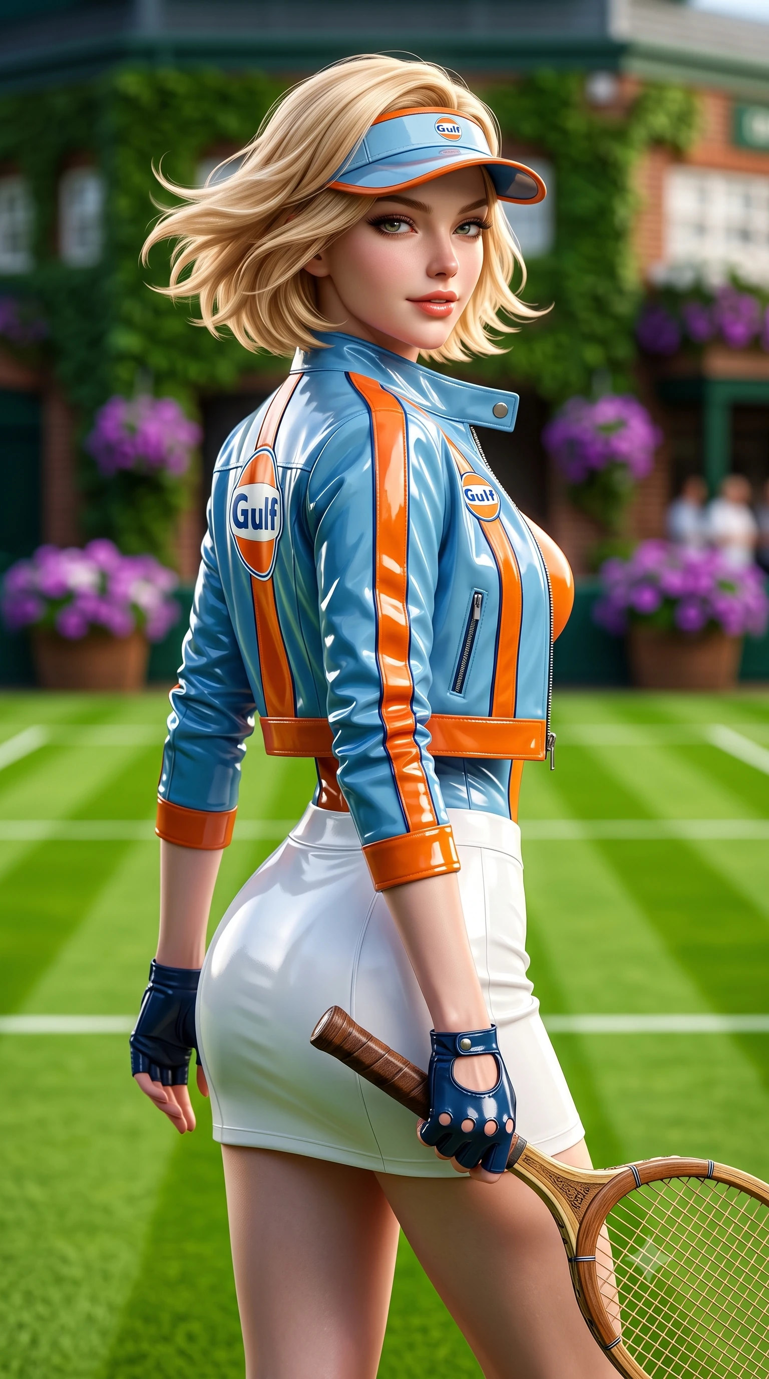score_9, masterpiece, best quality, ultra-detailed, high-budget anime keyframe, semi-realistic 3D game render, editorial fashion photography, tasteful artistic composition, Caucasian woman. close-up cowboy shot from the waist and thighs up, the character dominates the composition, filling the frame with her large presence. turning slowly with a smoldering smile, her glossy hair tossing in the breeze as her hips angle gracefully in a captivating contrapposto while standing in the center of the manicured pristine grass court with a vintage wooden racket in hand, arching her back with timeless aristocratic poise. The background shows a soft-focus striped emerald green lawn tennis courts, ivy-covered clubhouse brick walls, and purple petunia planters blurred into emerald, plum, and cloud-white bokeh. She has an exceptionally elegant, slender, and willowy female figure with an ultra-slim waist, flat toned midriff, narrow ribcage, and sculpted feminine hips creating an alluring, slim hourglass silhouette without bulk. sharp v-shaped jawline, high-bridge nose, sparkling eyes with athletic focus and depth, thick curled eyelashes, glossy parted lips with a natural coral-peach sheen, bright confident and coquettish smile with alluring bedroom-eyes, exuding both youthful sporty vigor and sovereign high-society glamour, flawlessly proportioned anatomical accuracy, strict slender model proportions, natural body alignment, perfectly sculpted long slender limbs, ultra-slim waistline, clean dynamic posture without body distortion. wearing a cropped leather motorcycle jacket worn over a plunging polo bodysuit and tailored white micro-skirt in vintage Porsche Gulf blue and vibrant race orange, made of high-gloss reflective patent leather with mirror-like specular highlights, accented with a sporty retro tennis visor and fingerless leather driving gloves, the liquid-tight tailored fabric clinging flawlessly to her narrow waist and rounded feminine hips, emphasizing every millimeter of her sculpted slim hourglass curves without any bulky heaviness. illuminated by emerald grass bounce fill and crisp white-gold rim lighting defining her sculpted collarbones, ultra-slim waist, and curvy hips. highly saturated vibrant anime colors, detailed shading with soft gradients, rich glossy textures, high-contrast stereoscopic depth, volumetric dynamic lighting, master piece, 9:16 ratio