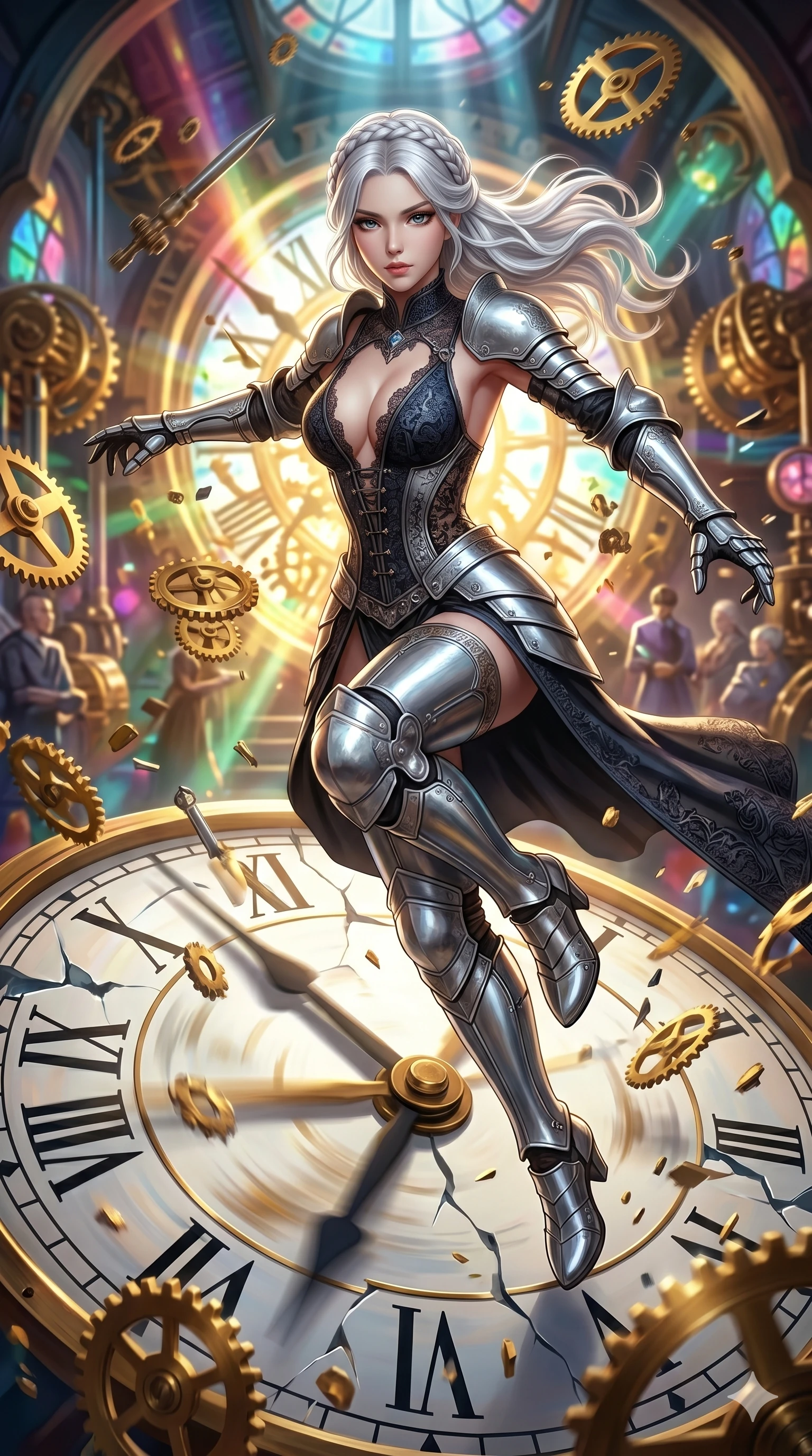 score_9, masterpiece, best quality, ultra-detailed, Set A: Photorealistic 8k CG, Japanese woman. Low angle cowboy shot filling the entire 9:16 frame with her statuesque presence. Leaping through a giant clock face as the hands spin rapidly and gears fly. She has an absolutely perfect 8-heads proportion, an exceptionally tall and slender female figure with impossibly long slender legs and an ultra-slim waist. Sharp v-shaped jawline, high-bridge nose, intricate jewel-like eyes with depth, thick eyelashes, glossy lips. Wearing a Dark Fantasy outfit: lace corset gown with silver armor and a deep plunging neckline. Background is a bright and colorful steampunk interior with golden gears and flying metal parts. 2k, ultra detail, master piece, 9:16 ratio