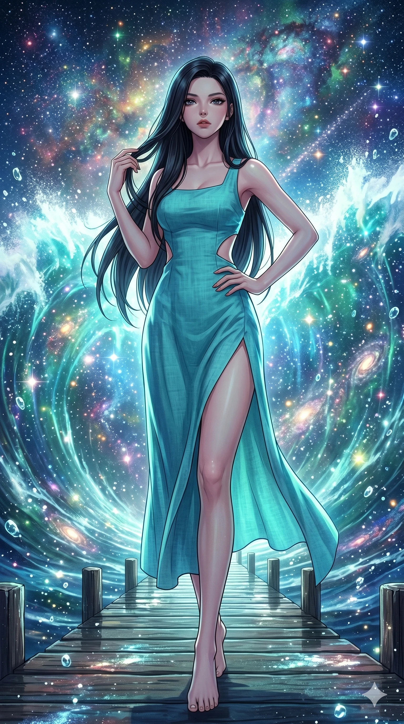 score_9, masterpiece, best quality, ultra-detailed, High-budget Anime Keyframe, beautiful Japanese anime girl. Low angle cowboy shot filling the entire 9:16 frame with her statuesque presence. Standing on a pier as a giant wave of light crashes behind her in a cosmic ocean. She has an absolutely perfect 8-heads proportion, an exceptionally tall and slender female figure with impossibly long slender legs and an ultra-slim waist. Sharp v-shaped jawline, high-bridge nose, intricate jewel-like eyes with depth, thick eyelashes, glossy lips with a natural sheen. Wearing a Seasonal/Resort outfit: turquoise linen sundress with side cut-outs and a high side slit. Background is a bright and colorful starry sea with a glowing blue wave and nebula sky. 2k, ultra detail, master piece, 9:16 ratio