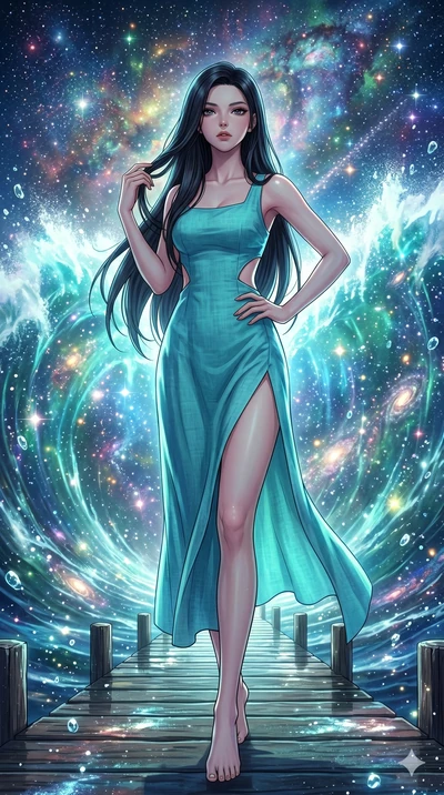 score_9, masterpiece, best quality, ultra-detailed, High-budget Anime Keyframe, beautiful Japanese anime girl. Low angle cowboy shot filling the entire 9:16 frame with her statuesque presence. Standing on a pier as a giant wave of light crashes behin