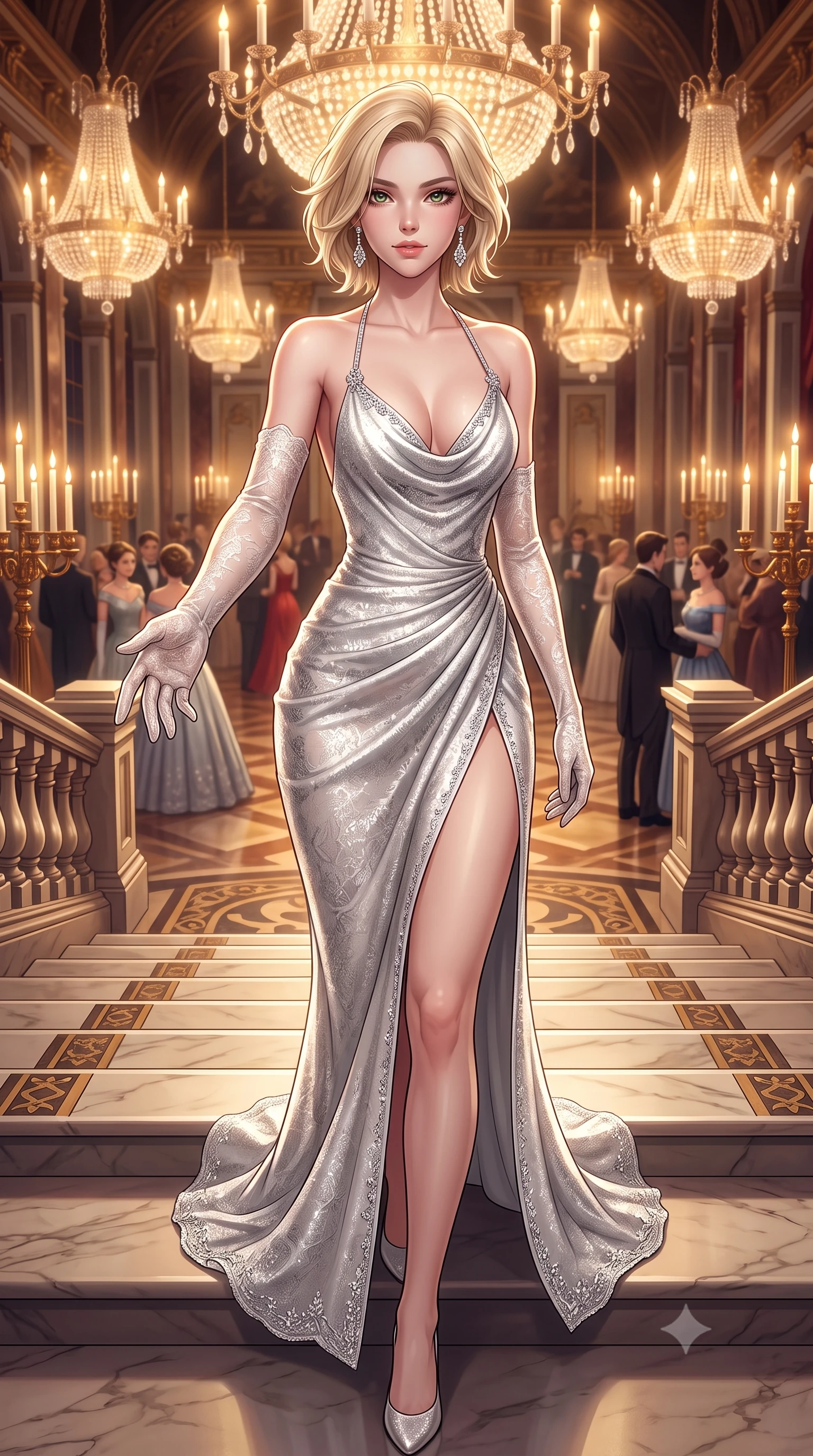 score_9, masterpiece, best quality, ultra-detailed, high-budget anime keyframe, semi-realistic 3D game render, editorial fashion photography, tasteful artistic composition, Caucasian woman. close-up cowboy shot from the waist and thighs up, the character dominates the composition, filling the frame with her large presence. extending one slender arm gracefully toward the foreground while casting an affectionate, mesmerizing glance while descending a sweeping imperial marble staircase with regal supermodel grace and fluid momentum. The surrounding environment is rendered in vivid detail and crisp panoramic clarity. rich high-contrast gala chiaroscuro and monumental imperial palace grandeur captured with environmental sharpness. She has an exceptionally elegant, slender, and willowy female figure with an ultra-slim waist, a gracefully sculpted slender torso, toned flat midriff, and a refined slim silhouette. sharp v-shaped jawline, high-bridge nose, intricate jewel-like eyes with depth, thick eyelashes, glossy lips with a natural sheen, captivating and magnetic expression, flawlessly proportioned anatomical accuracy, strict slender model proportions, natural body alignment, perfectly sculpted long slender limbs, ultra-slim waistline, clean dynamic posture without body distortion. wearing an opulent backless cowl-neck evening gown with a high-cut thigh slit and draped waistline in shimmering silver mercury and pearl white, formed from shimmering French lace over smooth silk lining, finished with delicate crystal embroidery along the neckline and hem, the glove-like aerodynamic second-skin fit tightly clinging to her ultra-slender waist and athletic curves without adding bulk, accentuating her razor-sharp statuesque lines and slim hourglass silhouette. bathed in warm glowing candlelight and radiant gold chandelier downlights. highly saturated vibrant anime colors, detailed shading with soft gradients, rich glossy textures, high-contrast stereoscopic depth, volumetric dynamic lighting, master piece, 9:16 ratio