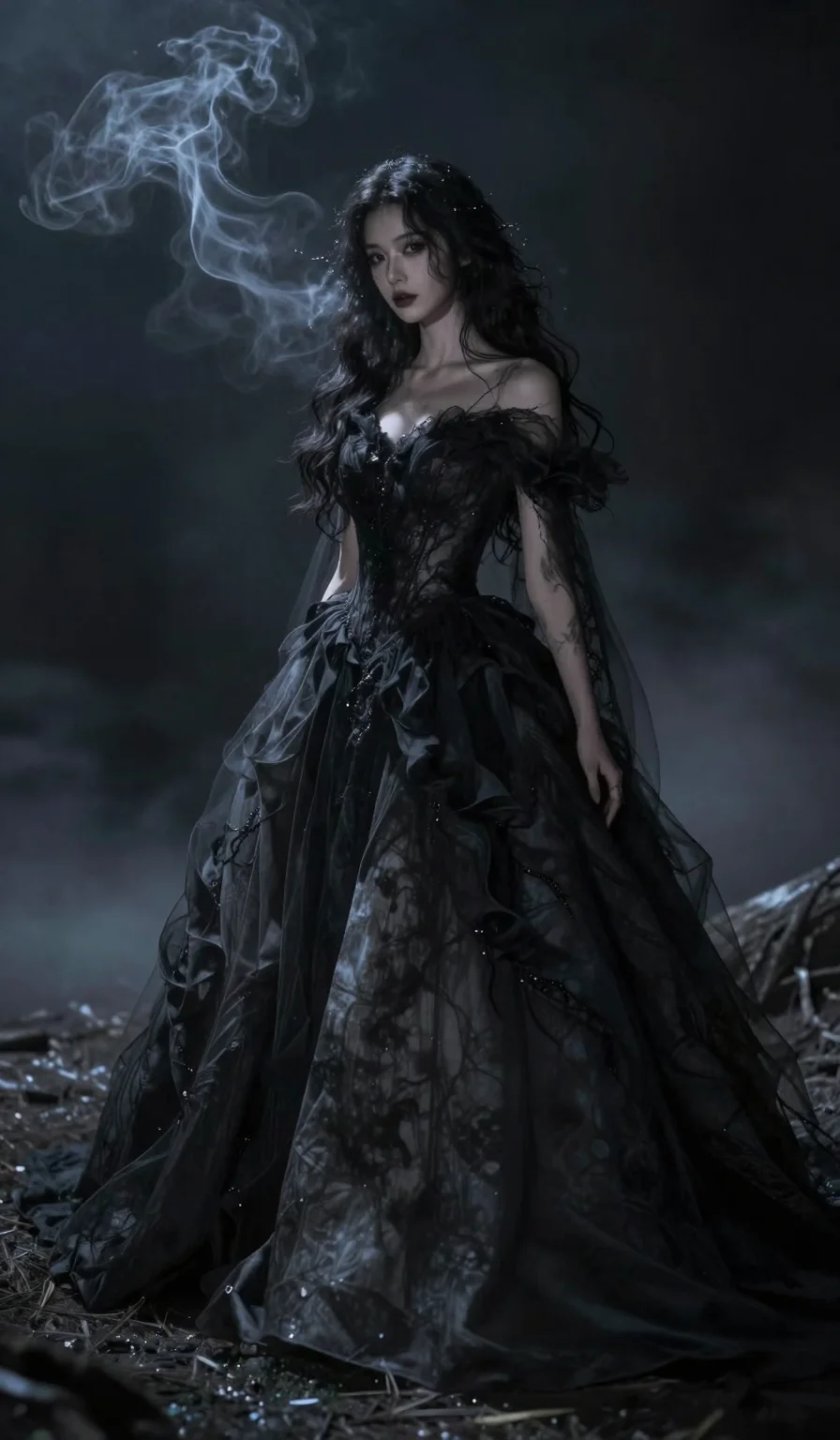 (masterpiece:1.2), best quality, highres, (1girl:1.3), breathtakingly beautiful woman, (hair made of dark smoke:1.2), gown of shadows, mysterious and haunting beauty, 2k, ultra detail, 9:16 ratio