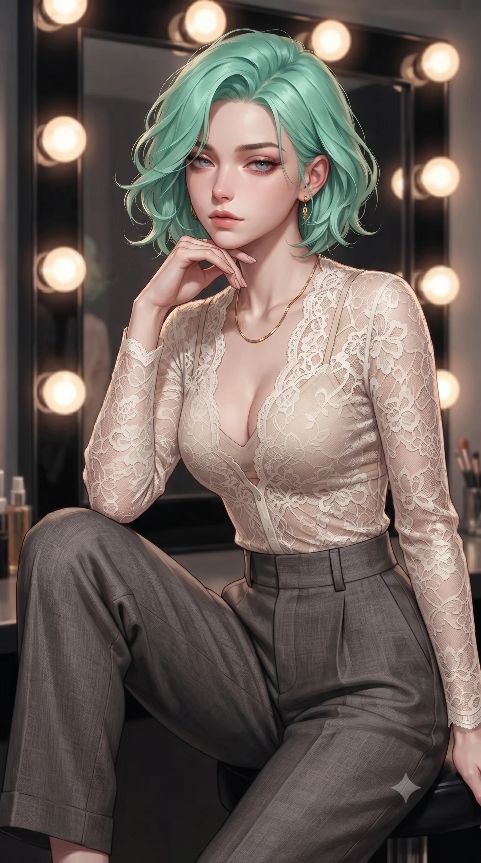 score_9, masterpiece, best quality, ultra-detailed, high-budget anime keyframe, editorial fashion photography, tasteful artistic composition, Japanese woman woman. close-up cowboy shot from the waist and thighs up, the character dominates the composition, filling the frame with her large presence, background elements kept in soft focus. resting her chin on the backs of her fingers, casting a heavy-lidded, sultry look past the camera the background shows a soft-focus a private dressing room with a vanity mirror of black glass and warm round lightbulbs. She has an exceptionally elegant, slender, and willowy female figure with an ultra-slim waist, a gracefully sculpted slender torso, and a refined silhouette. sharp v-shaped jawline, high-bridge nose, intricate jewel-like eyes with depth, thick eyelashes, glossy lips with a natural sheen. wearing a form-contouring sheer lace blouse in ivory white, worn over a simple beige bralette and high-waisted linen trousers. bright vanity spotlights casting clear, detailed front lighting and soft back shadow. ultra-reflective glossy finish, specular highlights, metallic sheen, high-contrast stereoscopic depth, volumetric dynamic lighting, 2k, ultra detail, master piece, 9:16 ratio
