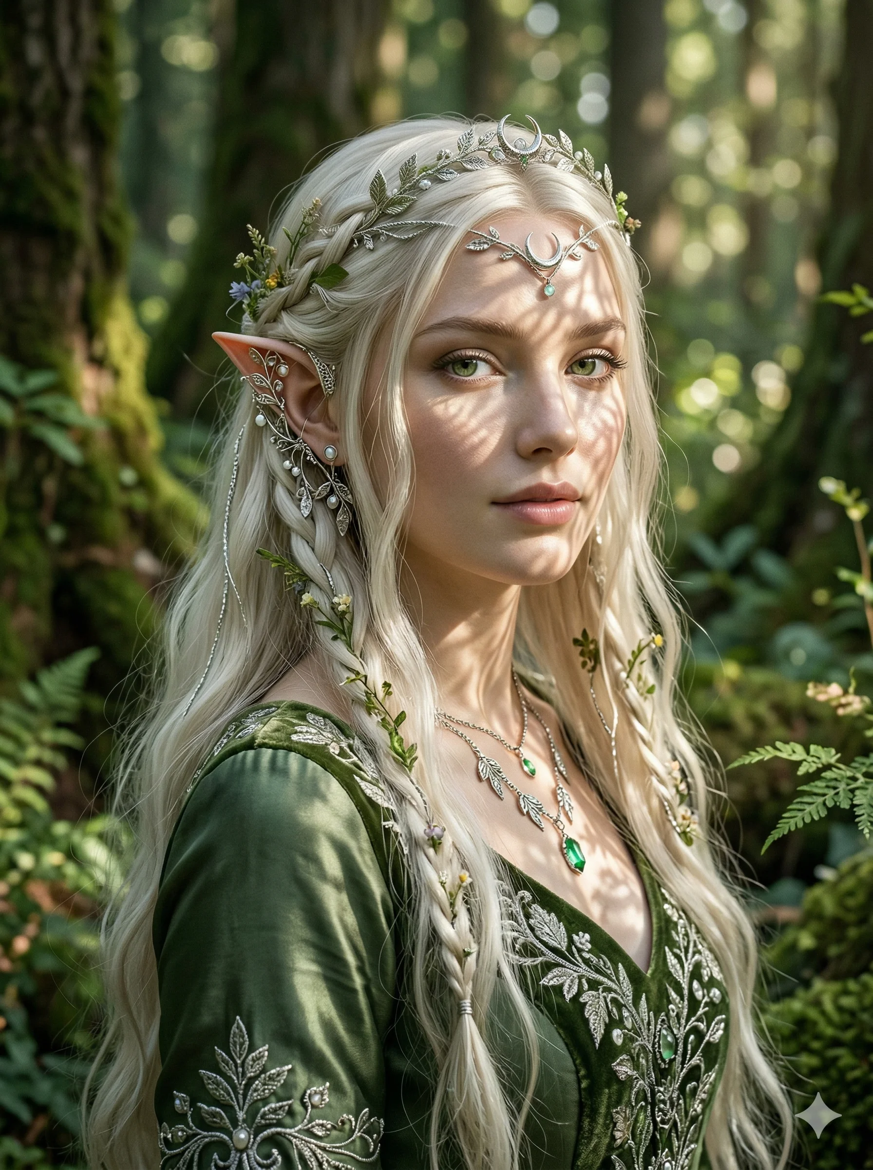 A breathtakingly beautiful elf princess with long flowing platinum hair, her pointed ears adorned with delicate leaf-shaped silver jewelry, forest light dappling on her face, character fills the frame, 2k, ultra detail, master piece, 3:4 ratio