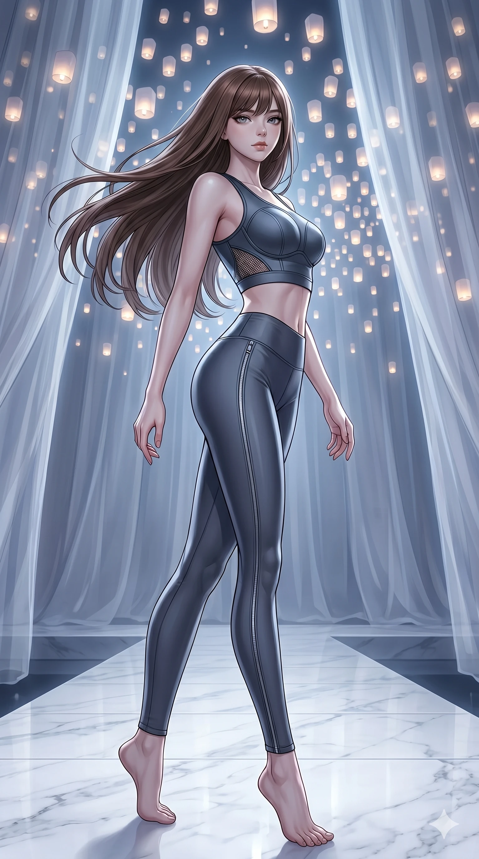score_9, masterpiece, best quality, ultra-detailed, high-budget anime keyframe, editorial fashion photography, tasteful artistic composition, Korean woman. low angle full-body shot from head to toe showing her feet, filling the entire 9:16 vertical frame with her statuesque presence, stretching her vertical silhouette. Pivoting sharply mid-step with hair sweeping dramatically behind on a runway of polished white marble under a canopy of thousands of floating luminous lanterns. She has an absolutely perfect 8-heads proportion, an exceptionally tall and slender female figure with impossibly long slender legs and an ultra-slim waist. V-shaped jawline, high-bridge nose, intricate jewel-like eyes with depth, thick eyelashes, glossy lips with a natural sheen. wearing a high-performance fitted crop sports top in deep chrome grey with sculpted structured cups and a bold graphic mesh insert at the sides, paired with matching high-waist compression leggings with side chrome zip details. bathed in cold silver moonlight filtered through translucent gossamer curtains casting soft shadows on her curves. 2k, ultra detail, master piece, 9:16 ratio