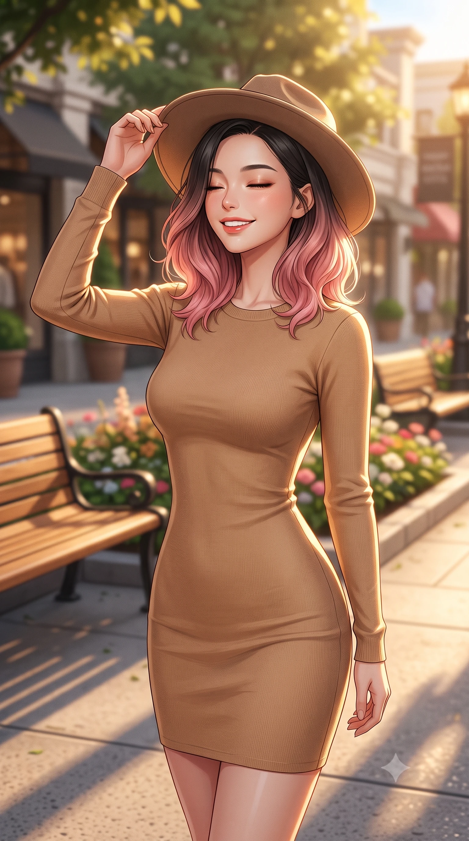 score_9, masterpiece, best quality, ultra-detailed, high-budget anime keyframe, editorial fashion photography, tasteful artistic composition, Korean woman. close-up cowboy shot from the waist and thighs up, the character dominates the composition, filling the frame with her large presence, background elements kept in soft focus. smiling happily with closed eyes, enjoying the warm sunbeams on her face set against a soft-focus background of on a leafy shopping avenue with wooden benches and flower beds adjusting her stylish hat with a bright, confident smile. She has an exceptionally elegant, slender, and willowy female figure with an ultra-slim waist, a gracefully sculpted slender torso, and a refined silhouette. sharp v-shaped jawline, high-bridge nose, intricate jewel-like eyes with depth, thick eyelashes, glossy lips with a natural sheen. wearing form-contouring sleek, body-hugging long-sleeve knit dress in camel, outlining her slender silhouette. golden hour sunset light casting long shadow lines on the concrete pavement. highly saturated vibrant anime colors, detailed shading with soft gradients, rich glossy textures, high-contrast stereoscopic depth, volumetric dynamic lighting, master piece, 9:16 ratio