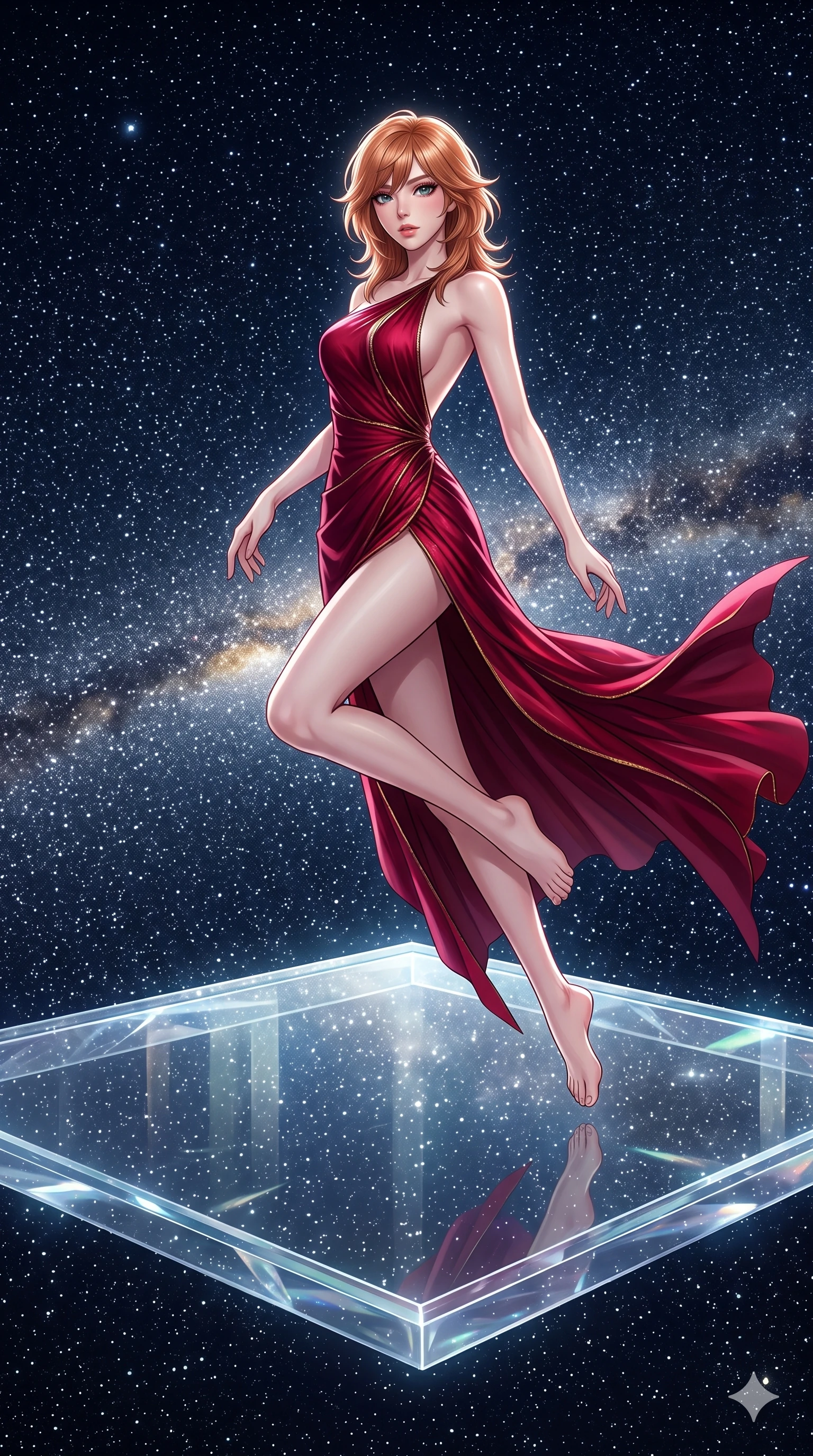 score_9, masterpiece, best quality, ultra-detailed, high-budget anime keyframe, editorial fashion photography, tasteful artistic composition, Korean woman. low angle full-body shot from head to toe showing her feet, filling the entire 9:16 vertical frame with her statuesque presence, stretching her vertical silhouette. leaping gracefully through a transparent crystalline dance floor floating in open space with nothing but stars visible in every direction below through the glass and around the edges of the impossibly suspended platform. She has a statuesque 8.5-heads proportion, an exceptionally tall, slender and willowy model-like build with impossibly long legs and a highly sculpted ultra-slim waist. sharp v-shaped jawline, high-bridge nose, intricate jewel-like eyes with depth, thick eyelashes, glossy lips with a natural sheen. wearing a high-slit evening gown in deep crimson silk, featuring an asymmetric one-shoulder design and a bare back. pure unfiltered starlight from every direction creating shadowless illumination with the concentrated light of the Milky Way band providing a subtle bright strip across the scene. 2k, ultra detail, master piece, 9:16 ratio