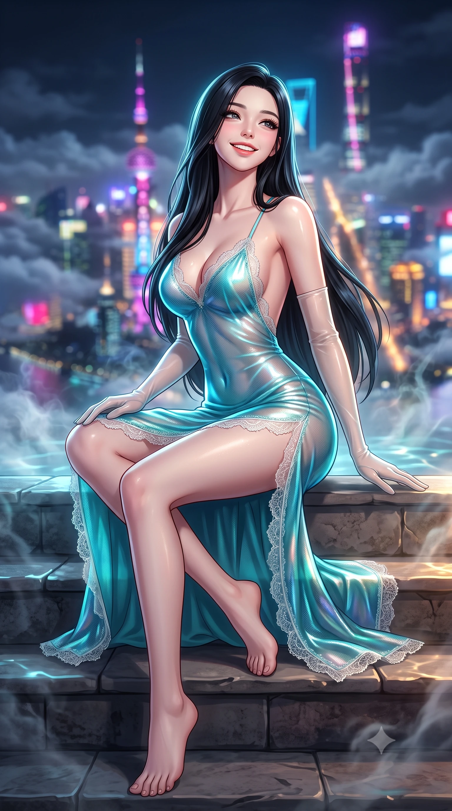 score_9, masterpiece, best quality, ultra-detailed, high-budget anime keyframe, semi-realistic 3D game render, editorial fashion photography, tasteful artistic composition, Korean woman. low angle full-body shot from head to toe showing her feet, filling the entire 9:16 vertical frame with her statuesque presence, stretching her vertical silhouette. sitting poised on the stone steps with one knee bent, arching her spine with supermodel elegance as she glances upward through thick eyelashes while twisting her slender torso in an alluring contrapposto stance, shimmering neon reflections and thermal bath vapor caressing her flat midriff and hips. The background shows a soft-focus dizzying grid of illuminated Shanghai avenues far below piercing through swirling nocturnal cloud layers, neon tower spires blurred into magenta, cyan, and gold bokeh. She has an exceptionally tall and slender model-like 8.5-heads proportion, an ultra-slim waist, a flat toned midriff, narrow delicate ribcage, and beautifully sculpted feminine hips creating a graceful, slim hourglass silhouette without any bulky heaviness, with impossibly long slender legs. sharp v-shaped jawline, high-bridge nose, intricate jewel-like sparkling eyes with depth, thick eyelashes, glossy parted lips with a natural peach sheen, bright cheerful beaming smile with an enchanting and coquettish sensual glint, exuding both youthful cute charm and seductive allure, flawlessly proportioned anatomical accuracy, strict slender model proportions, natural body alignment, perfectly sculpted long slender limbs, ultra-slim waistline, clean dynamic posture without body distortion. wearing an alluring backless sheer holographic mesh slip dress with high thigh slit clinging smoothly to her dewy skin in Mediterranean bioluminescent teal and radiant pearl, made of delicate semi-sheer French Chantilly lace with intricate eyelash edges, complemented by sheer opera-length evening gloves tracing her slender arms, the high-slit wrap tailoring accentuating her ultra-slim waistline and the enchanting curve of her feminine hips with alluring seductive charm. illuminated by tub water caustics bounce and sharp platinum-cyan rim lights sculpting her jawline, narrow waist, and curvy hips. highly saturated vibrant anime colors, detailed shading with soft gradients, rich glossy textures, high-contrast stereoscopic depth, volumetric dynamic lighting, master piece, 9:16 ratio
